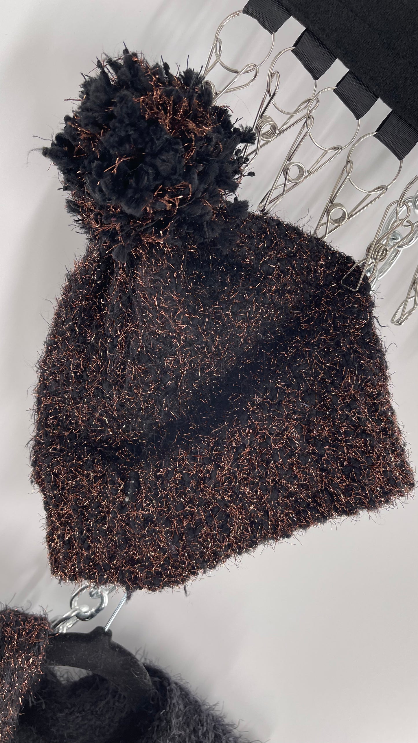 Anthropologie Bronze Tinsel Black Knit Beanie and Skinny Pom Scarf 2pc Set with Tags Attached