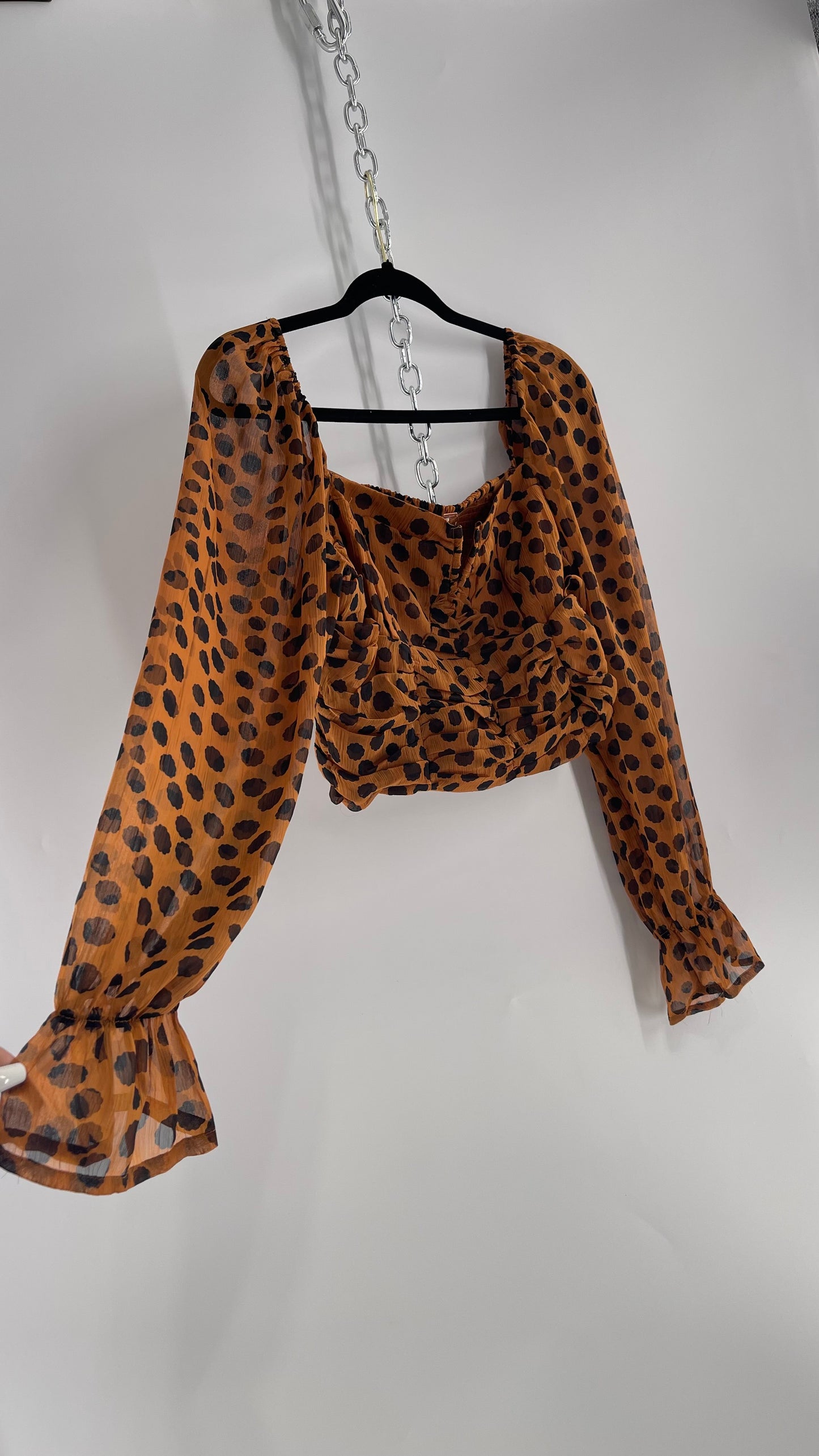 Free People Brown Black Animal Print Blouse with Ruched Bodice and Tags Attached (Large)