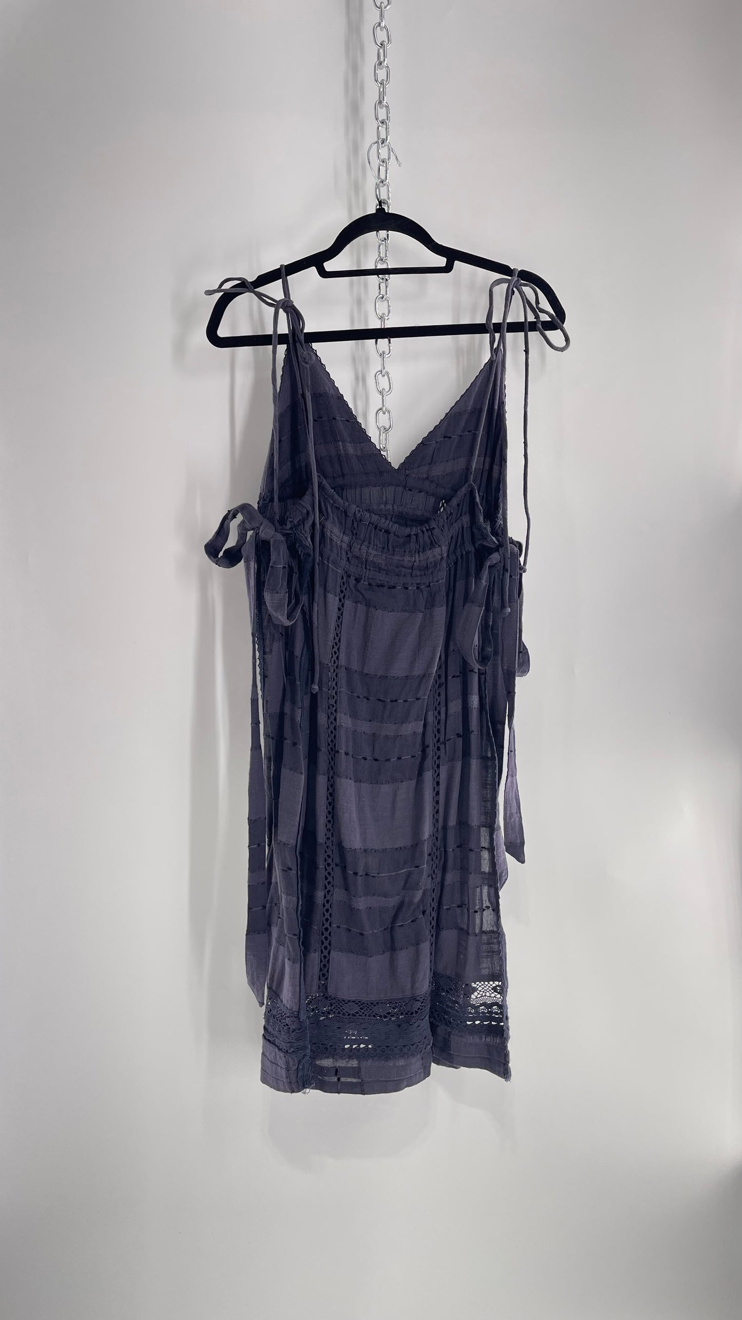Free People Navy Blue Cotton Lace and Embroidered Open Tie Side Dress (M)