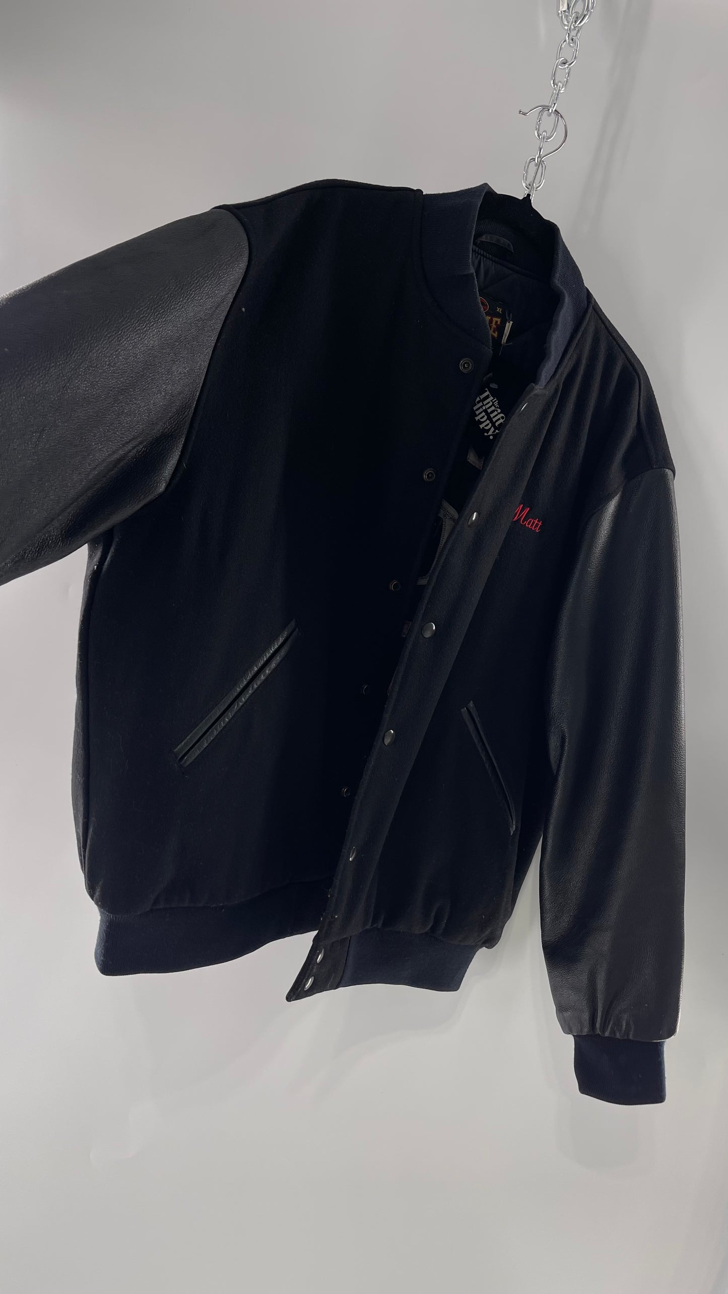 Vintage Somers Football Varsity Jacket with Leather Sleeves “Matt” Embroidery and Red Lettering (XL)