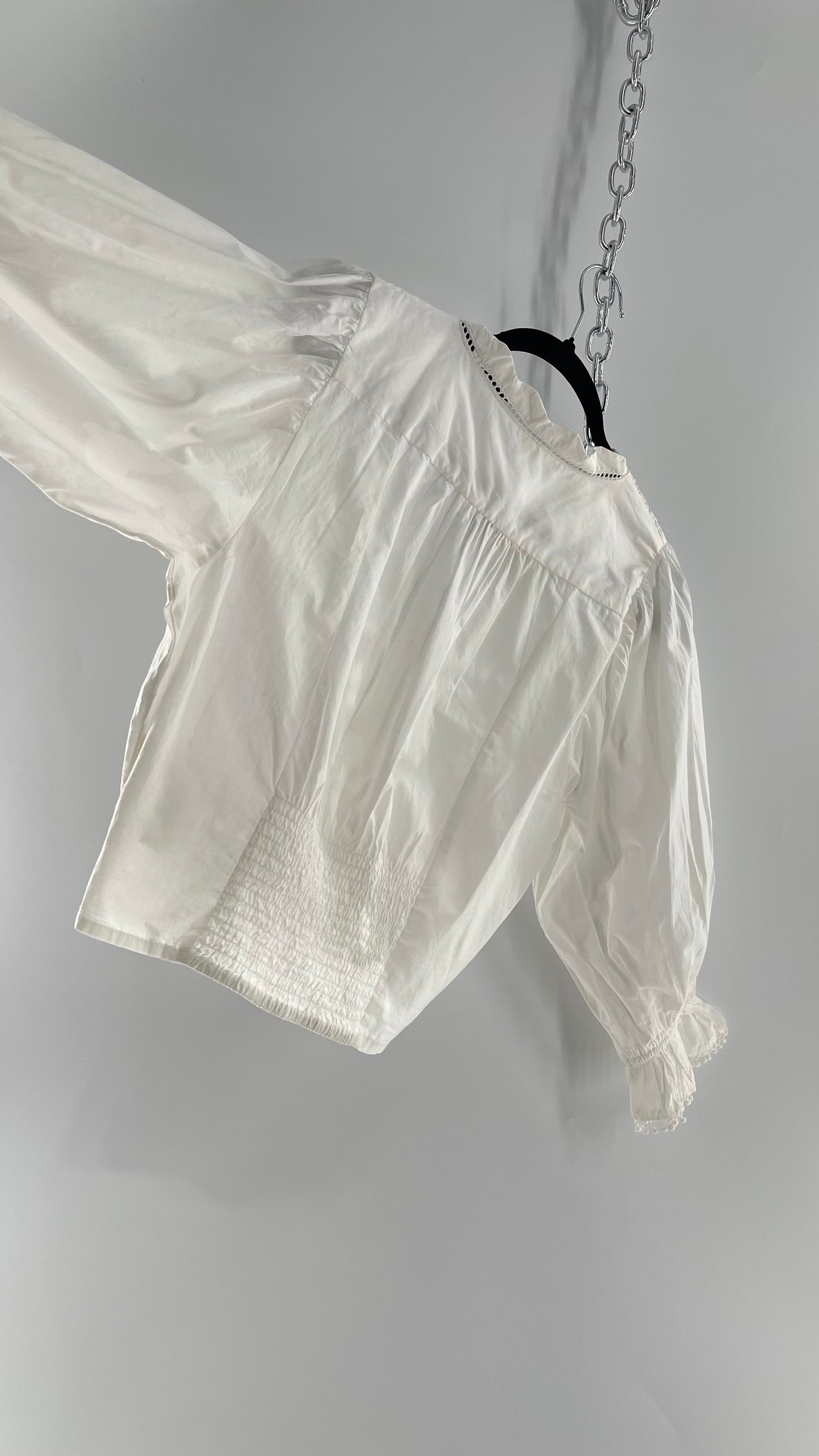 Free People White Puff Sleeve Prairie Blouse with Lace Details (Small)