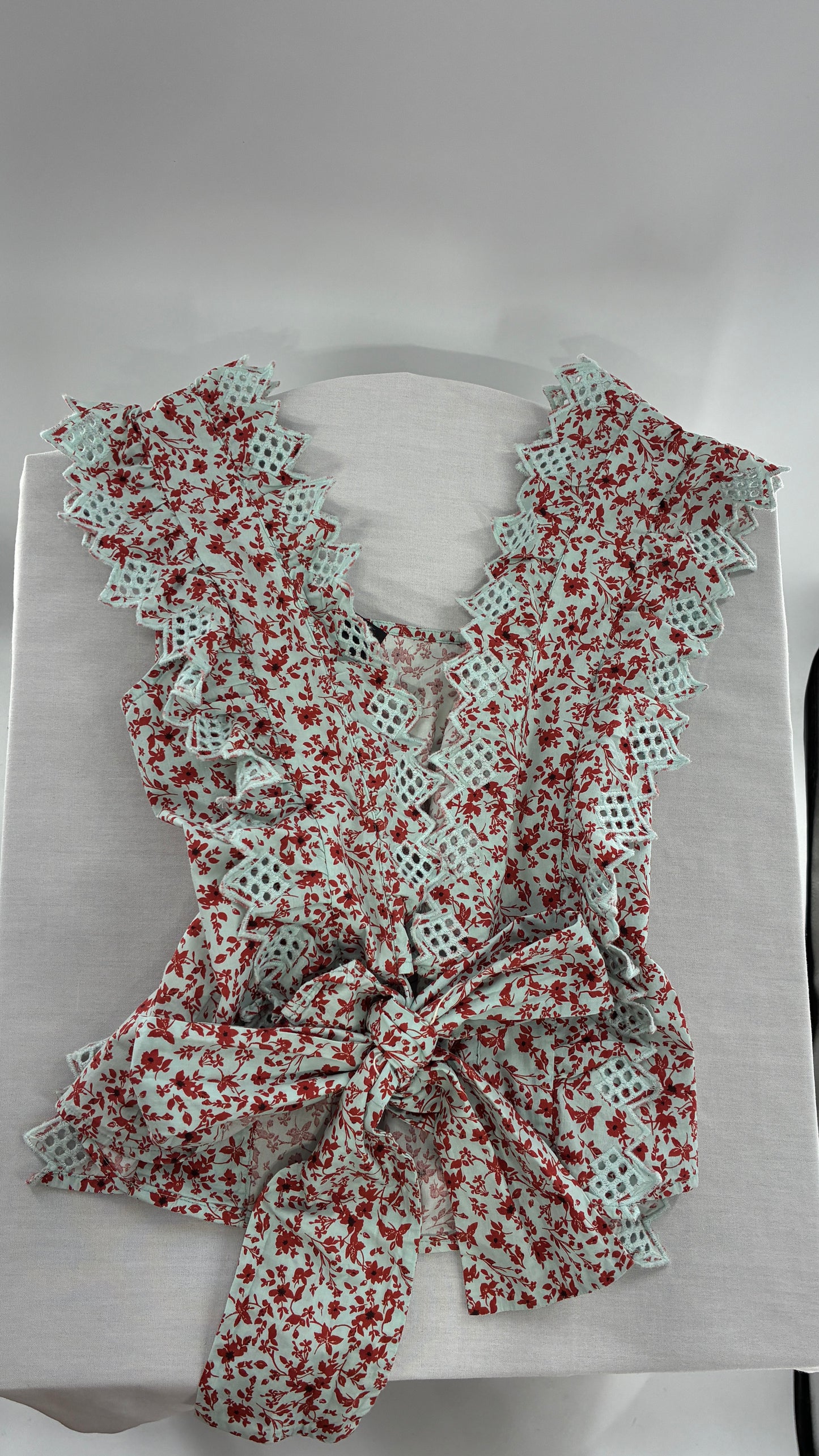 Blue Tassel Anthropologie Trina Baby Blue Burnt Orange Open Back Top (M)