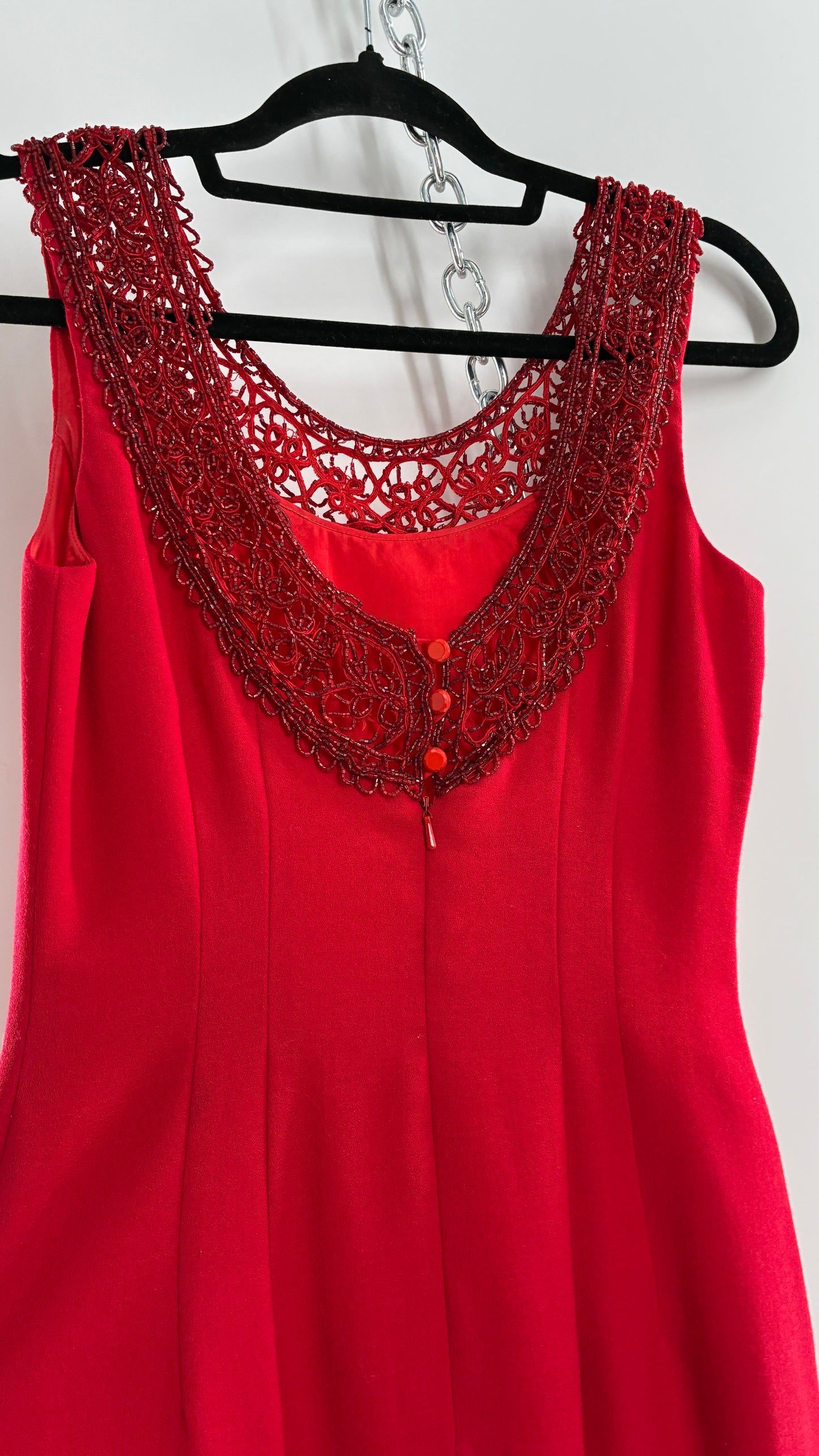 Vintage CARMEN MARC VALVO Red 100% Fitted, Tailored Wool Dress with Beaded Hem and Neckline (6)
