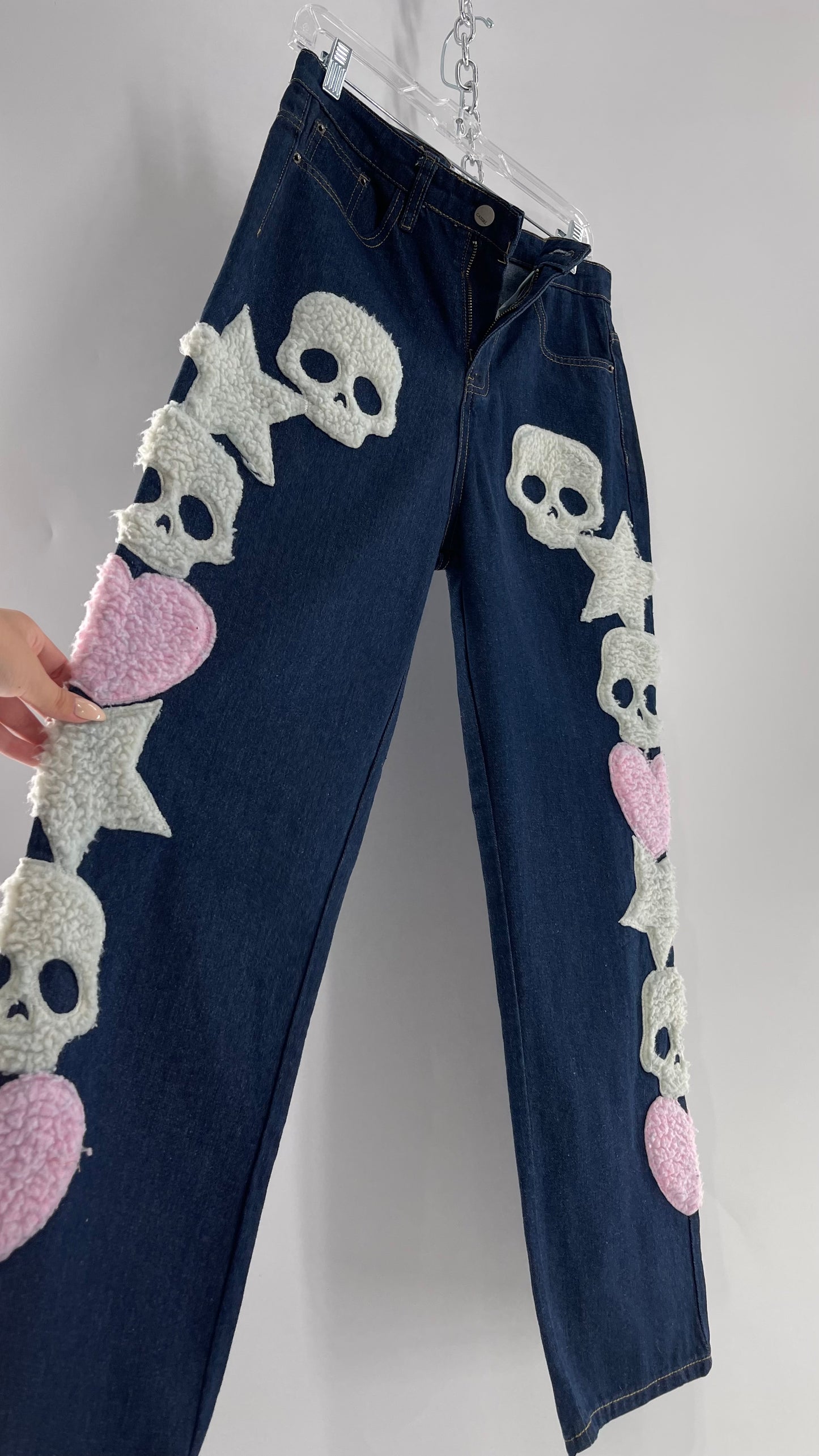 MadeExtreme Dark Wash Denim with Skull/Heart Patches and Bum Embroidery (Medium 8)