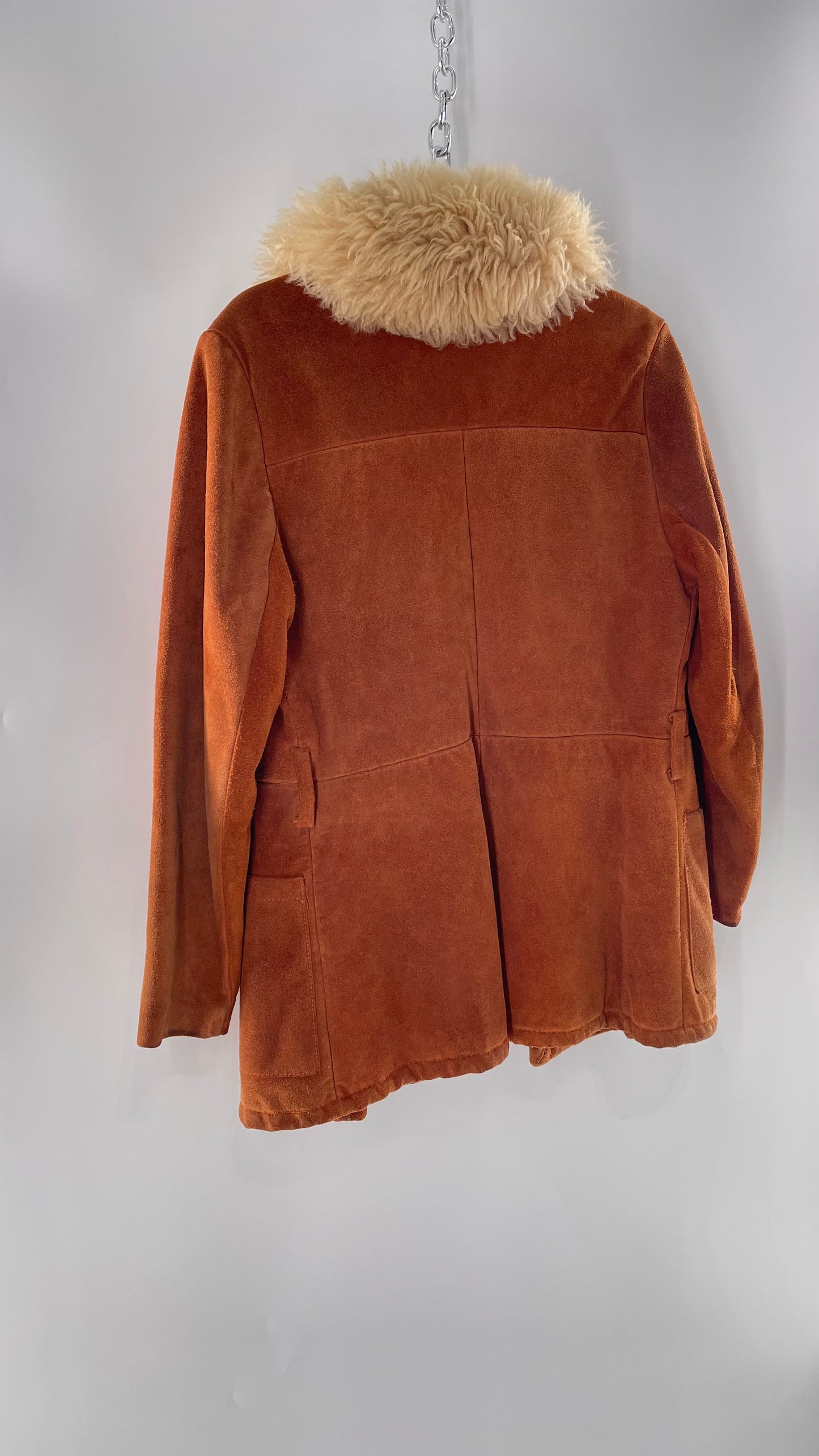 1970s Vintage Burnt Orange Suede Thick Heavy Sherpa Lined Jacket with Genuine Fur Collar (C)(Medium)
