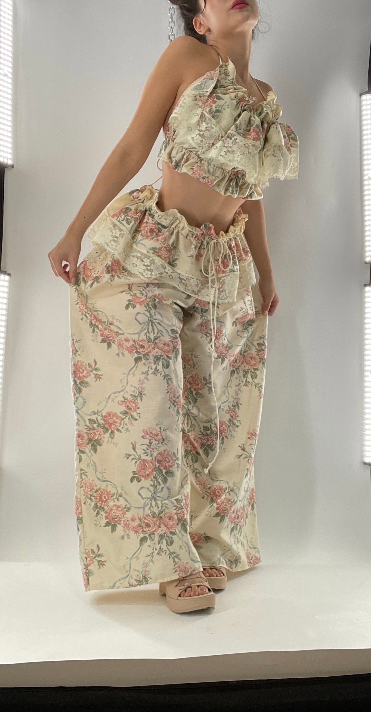 Vintage Set Covered in Delicate Dainty Florals, Bows and Lace (One Size, Adjustable)
