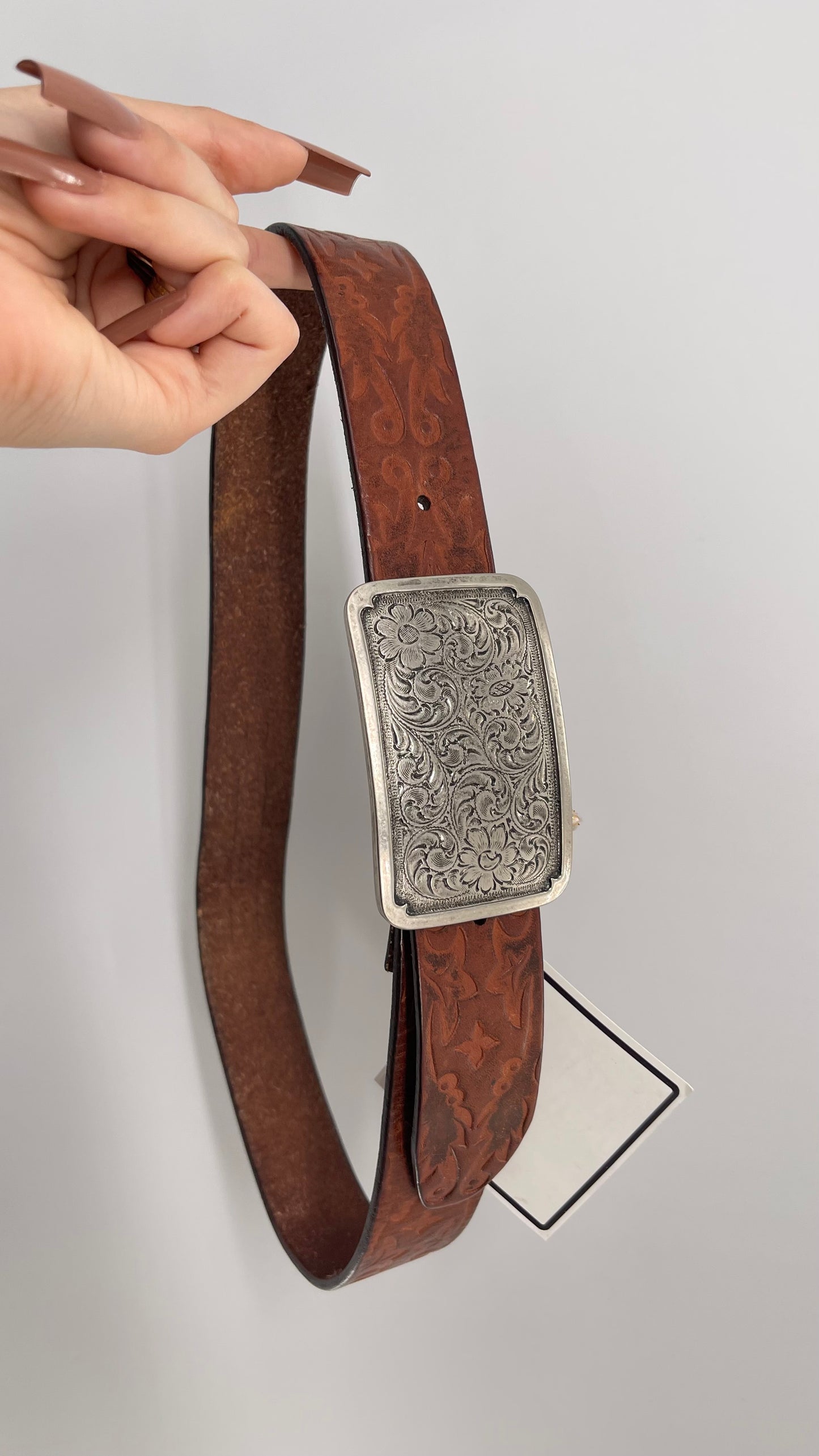 Vintage FOSSIL 1995 Embossed Genuine Leather Belt with Engraved Silver Buckle