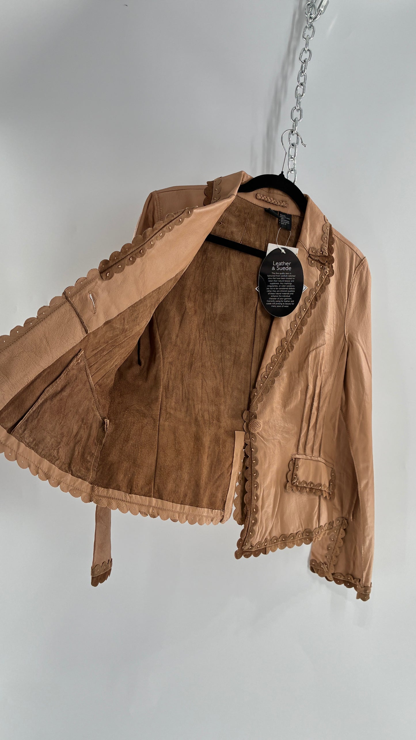 RARE Deadstock Vintage Cami Brown Thin Leather Jacket with Suede Scalloped Trim (12)