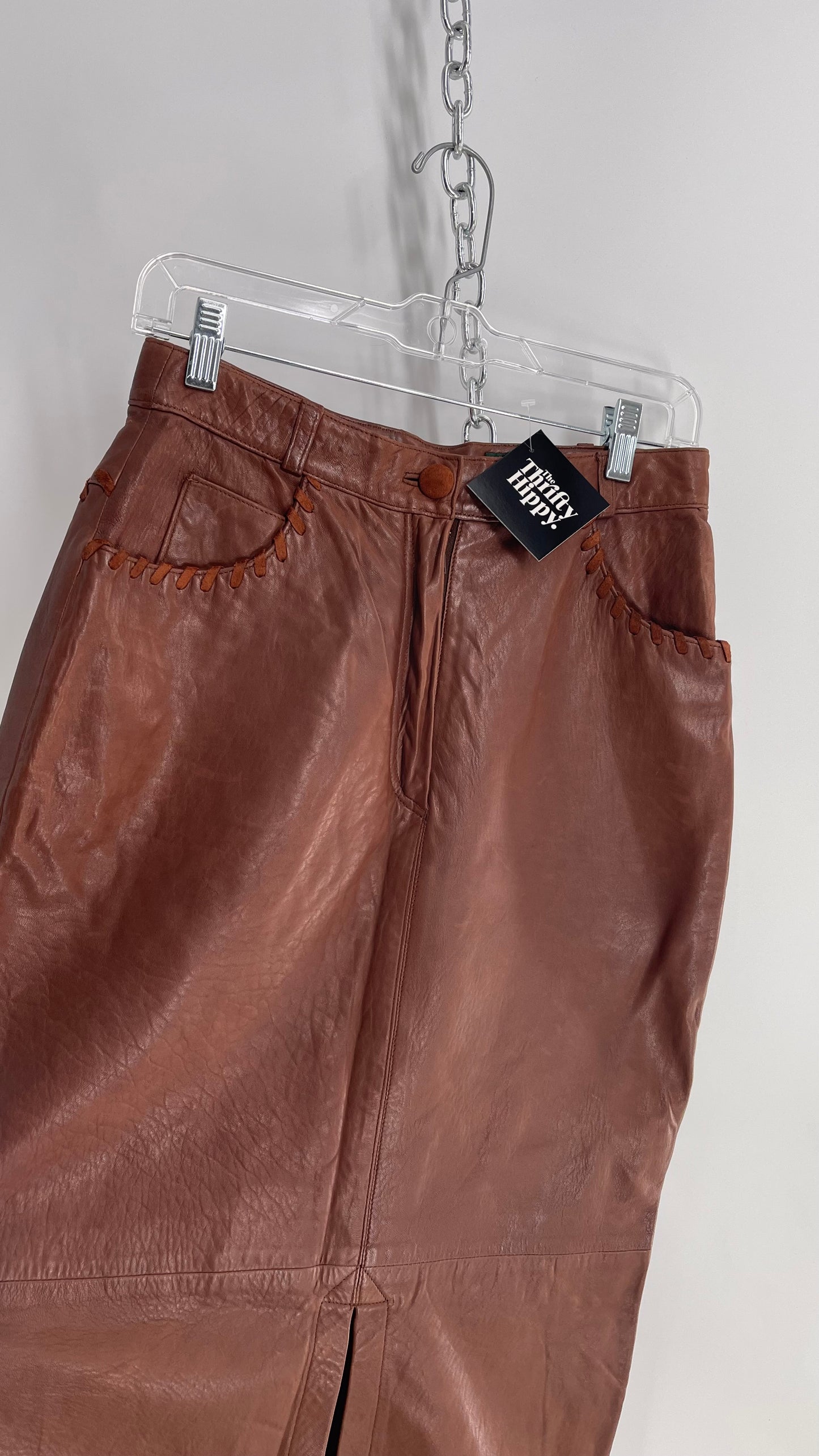 Vintage Diario Italian Brown Leather Long Skirt with Suede Stitch Detail (36)
