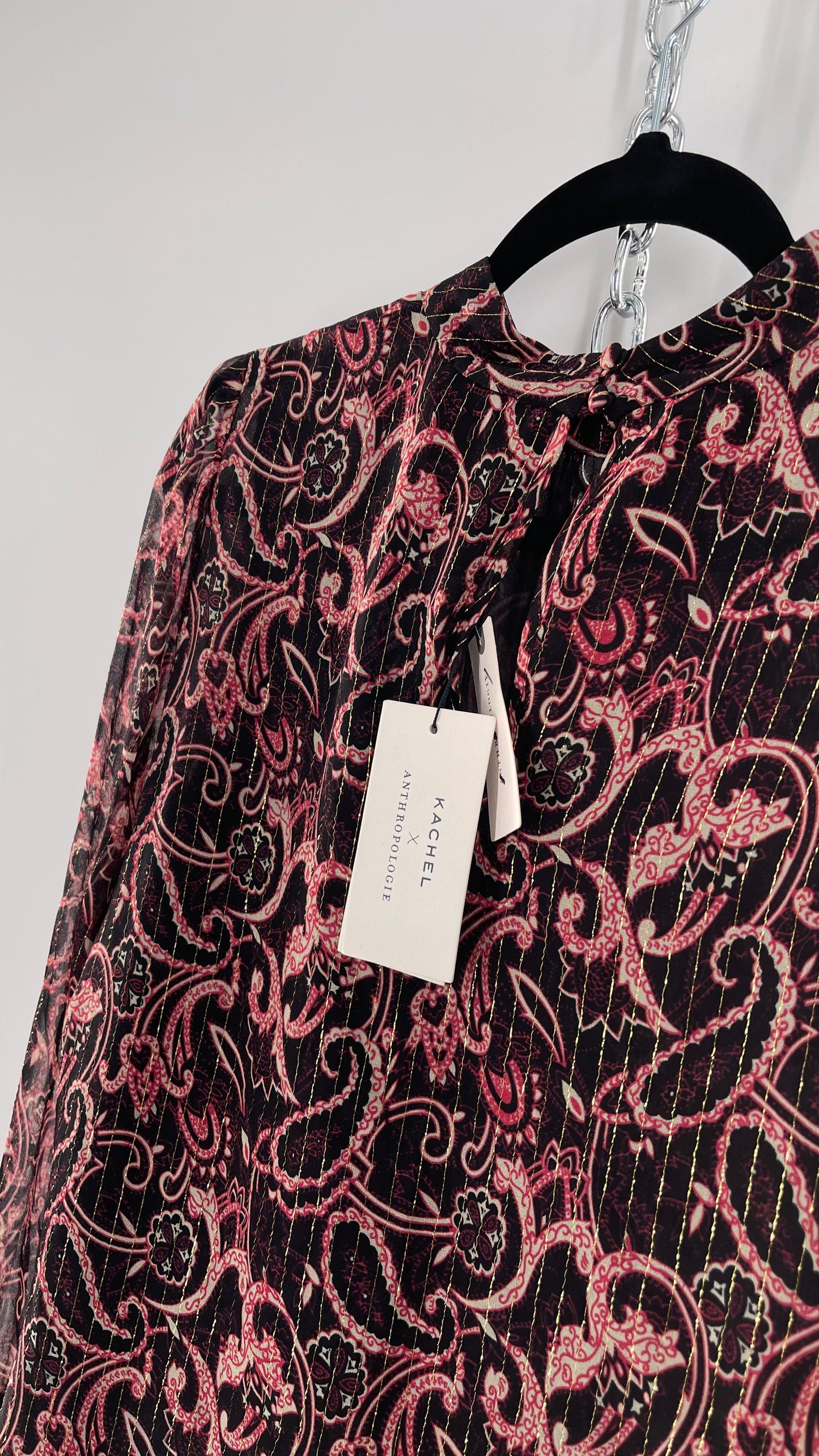 Kachel 95% Silk Black Paisley Blouse with Gold Tinsel Bessie Anthropologie (6)