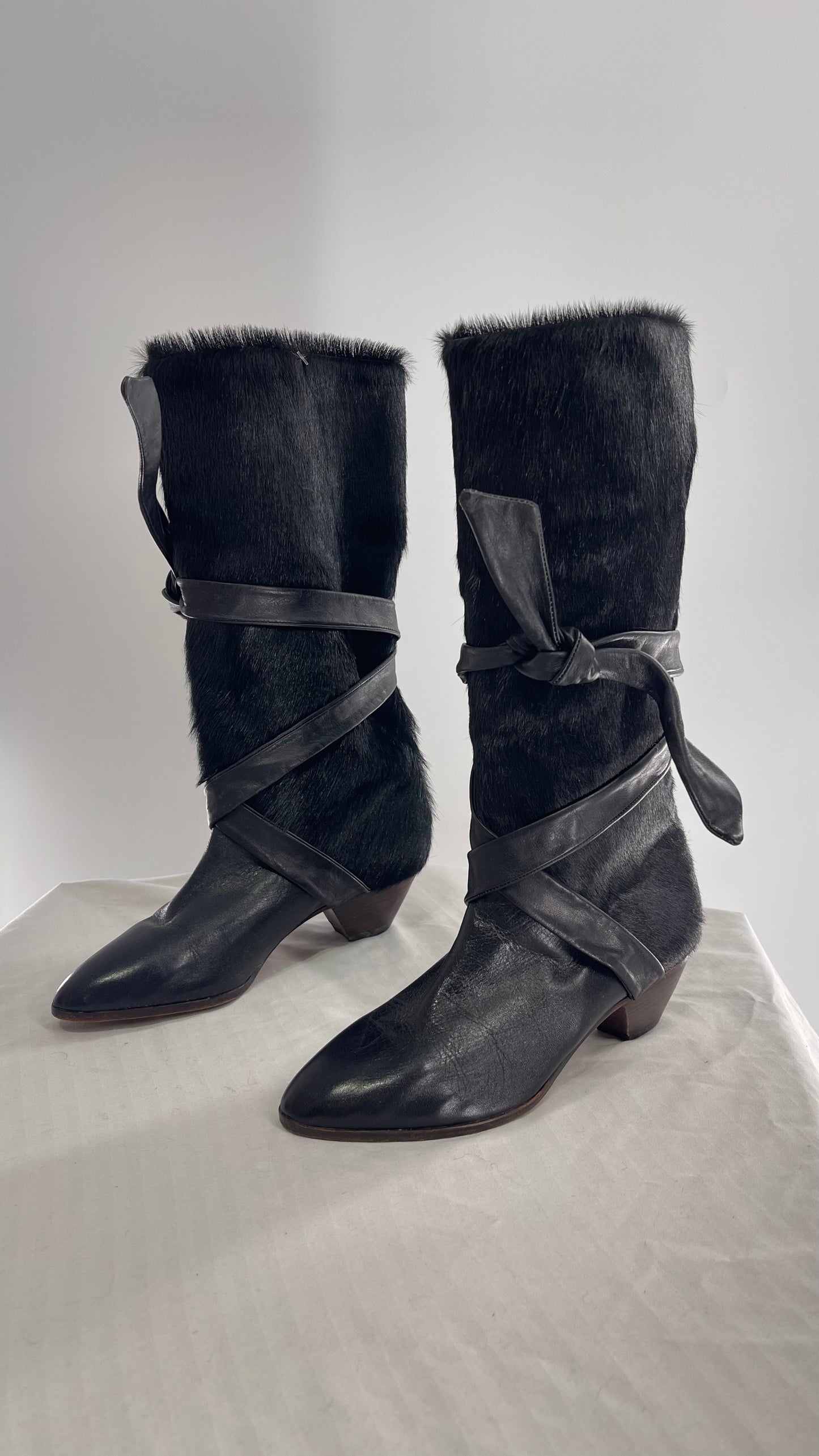 Vintage Nickels Black Italian Fur Boot with Leather Straps (7)