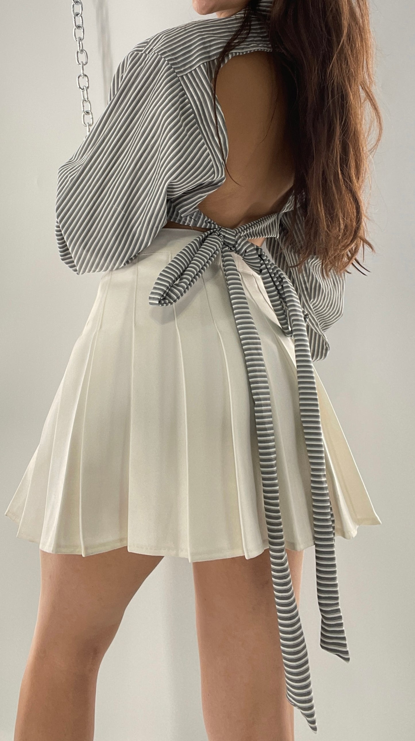 Vintage Reworked Button Front Backless Grey Blue Striped Blouse (One Size)