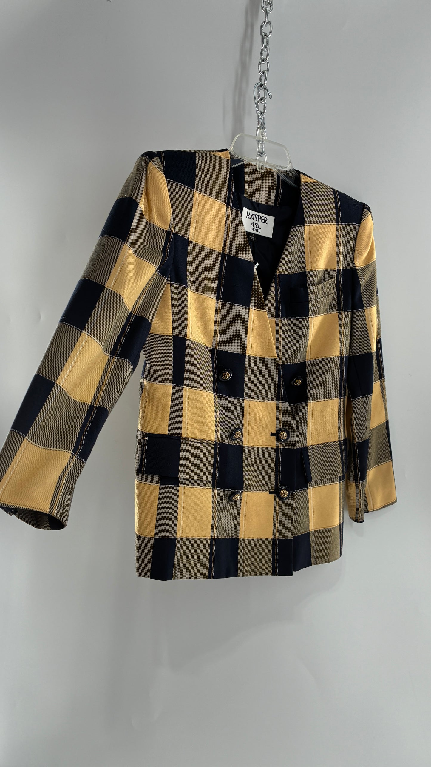 Vintage Suit Set with Yellow Plaid Double Breasted KASPER A.S.L Blazer and Upcycled Wool Mini Skirt (6)
