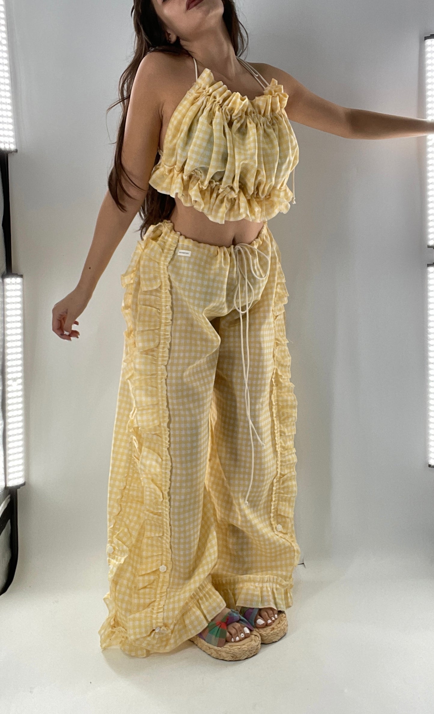 Vintage 2 Piece Yellow Checkered/Gingham Patterned Picnic Set with Ruched Bust Top and Ruffle Side Wide Legs with Adjustable Length, Strap Up Buttons on Hem (One Size)