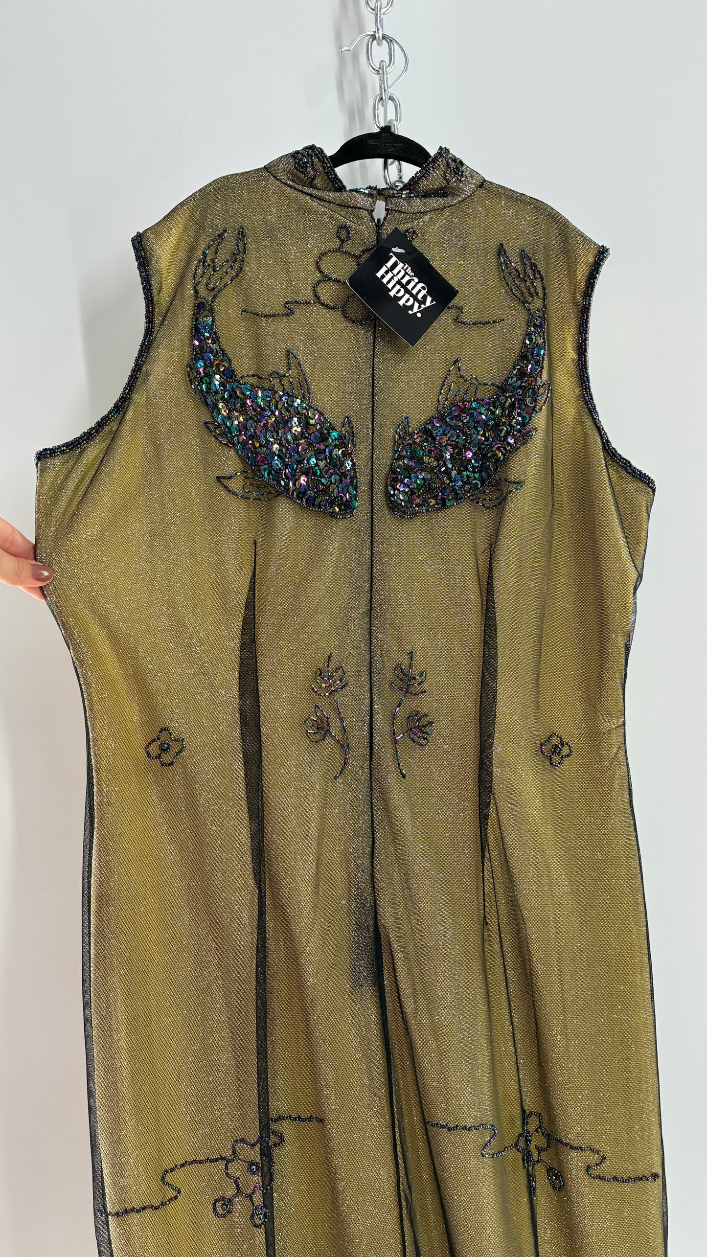 Vintage 1990s One of a Kind Handmade, Green Gown with Beaded Koi Fish, Metallic Tulle Overlay, and Symmetric Back (Medium)
