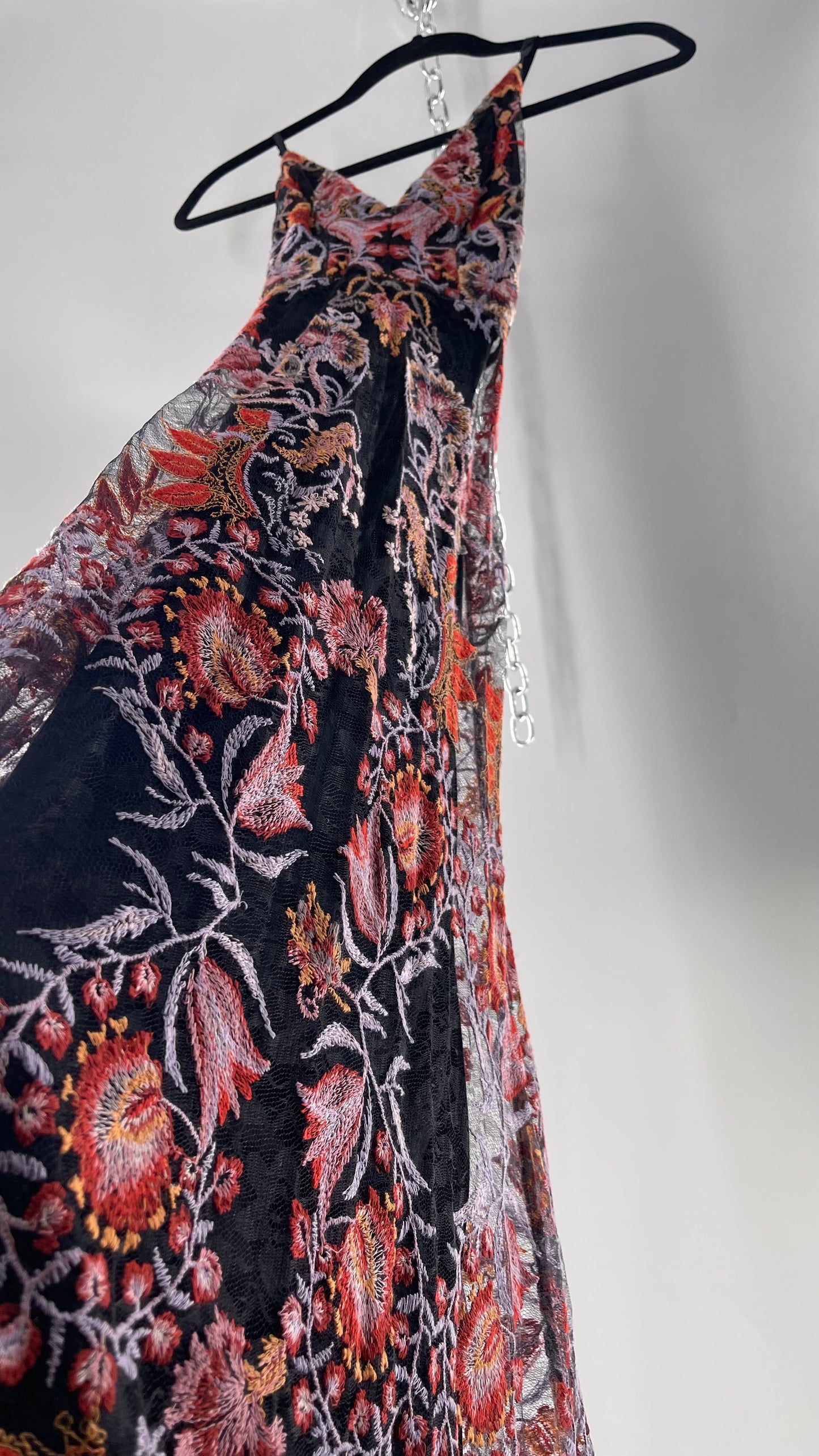 Free People Black Fall Toned Floral Embroidered Tule Sleeveless Maxi Dress (2)