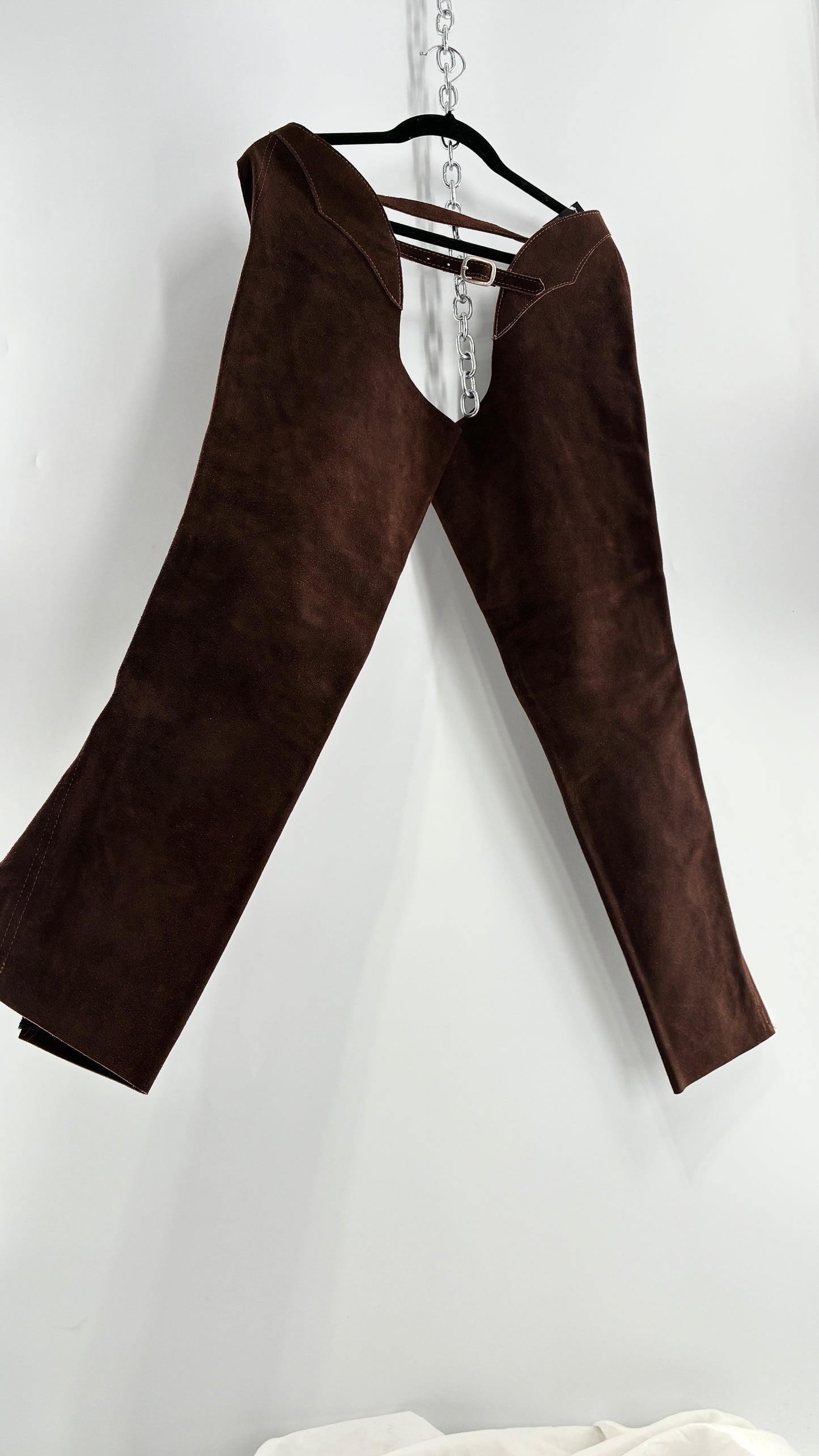 Vintage Chocolate Brown Genuine Suede Leather Chaps with Heavy Duty Side Zipper Detail (XS)