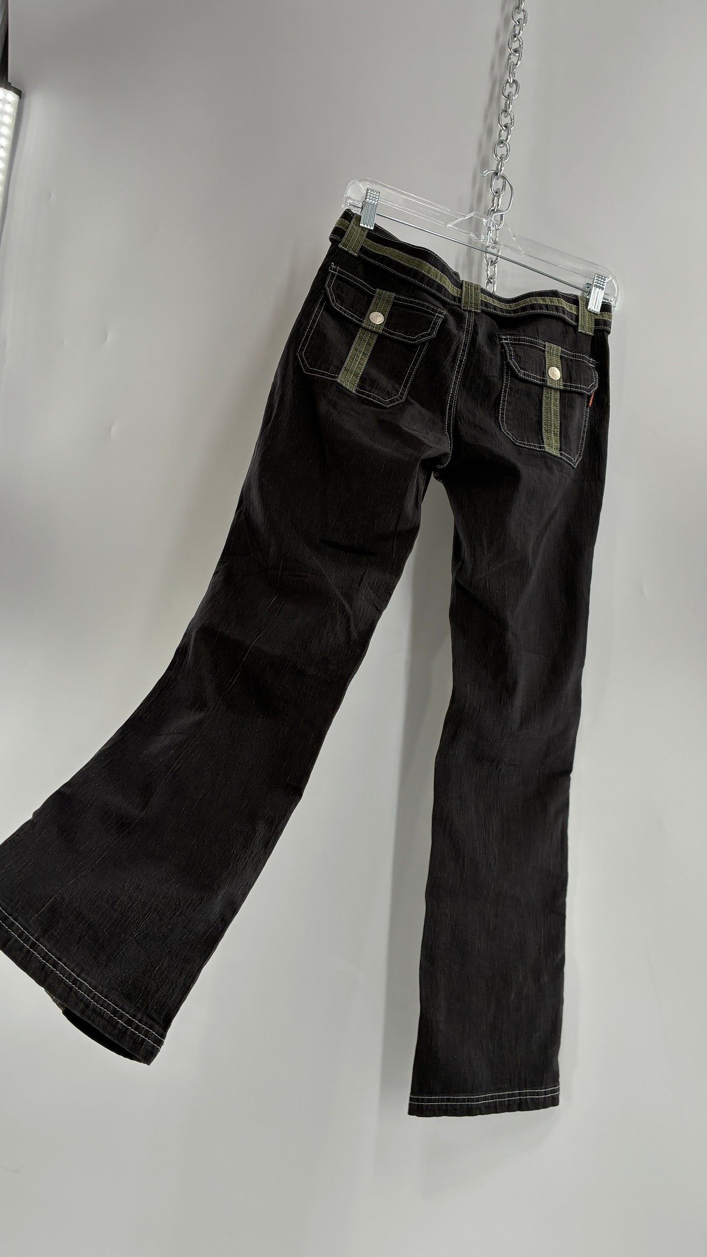 Vintage PALMY NOBLE Dark Wash Low Rise Denim with Green Details and Built in Belt (7/8)