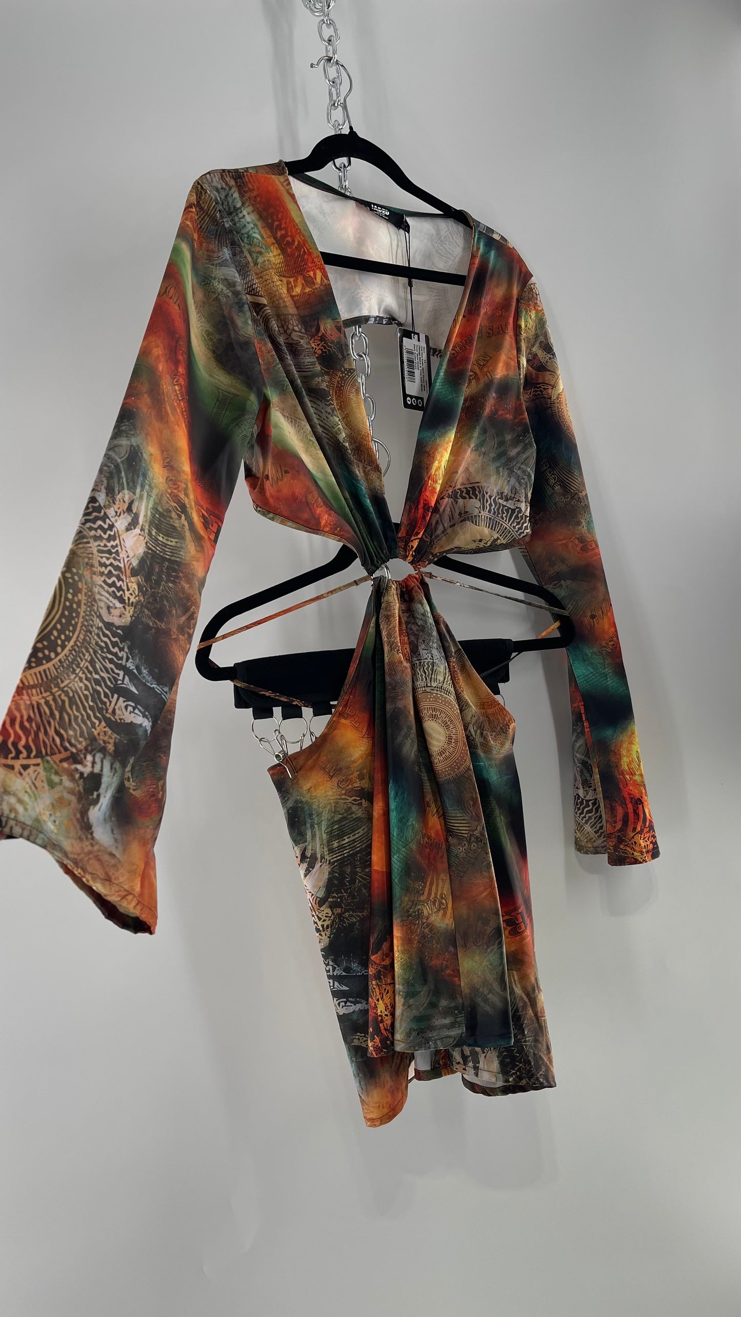 Jaded London Graphic Green, Orange, Yellow Dress with Bell Sleeves, Cut Out Waist and Straps (10)