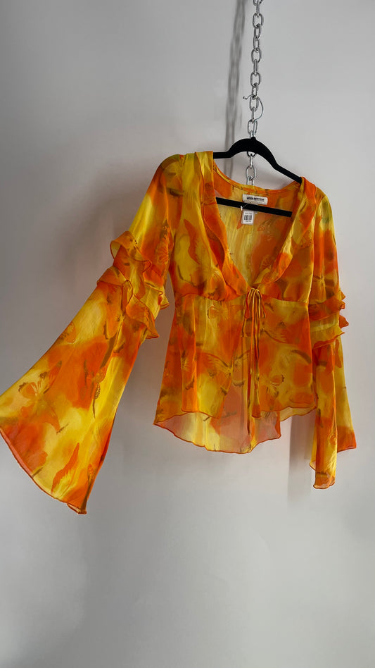 Urban Outfitters Orange Yellow Tie Bust Bell Sleeve Blouse (Small)