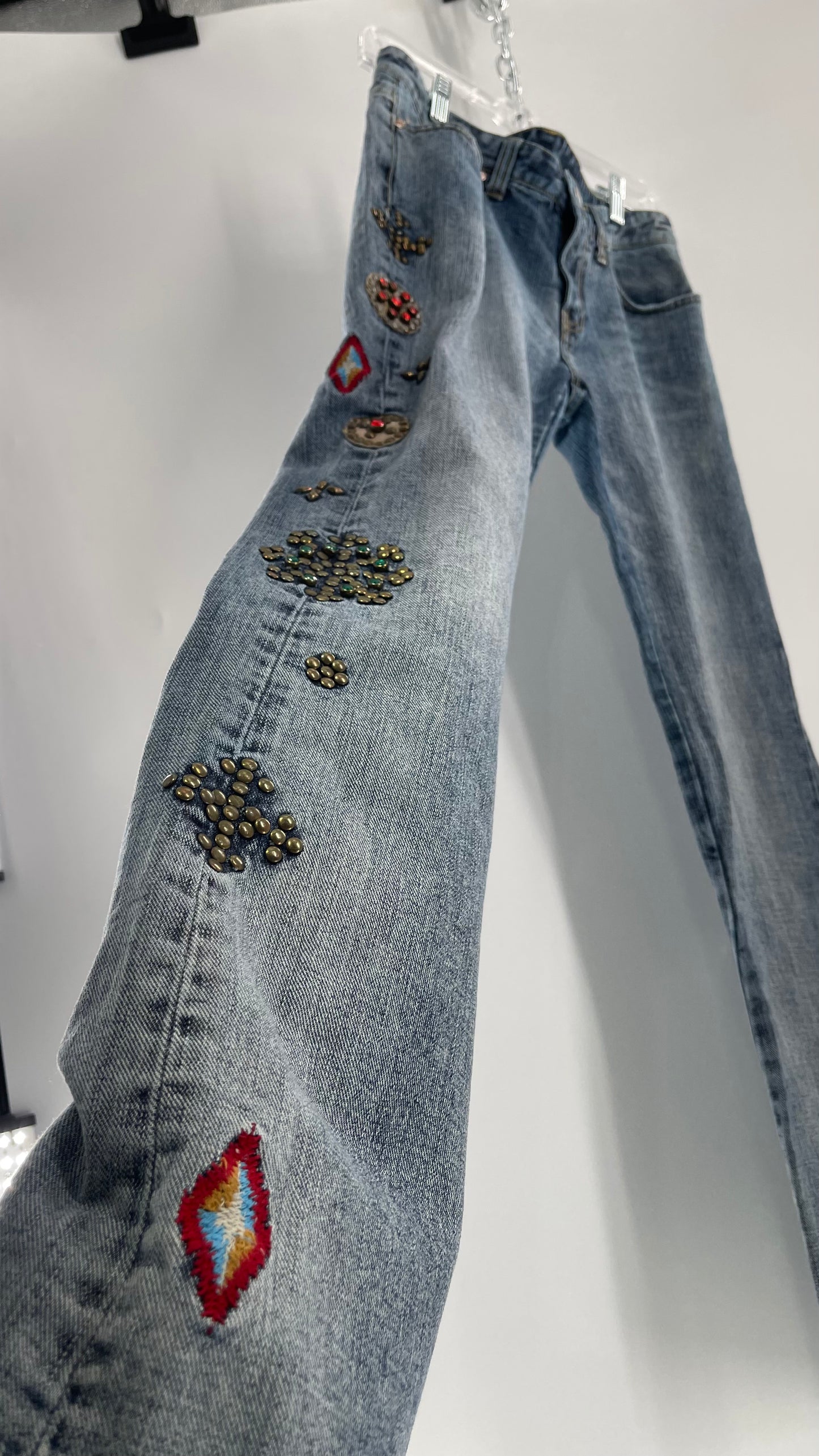 Western Denim Bank Light Wash Straight Legs with Gold/Bronze Metal Studs and Jewels (29)