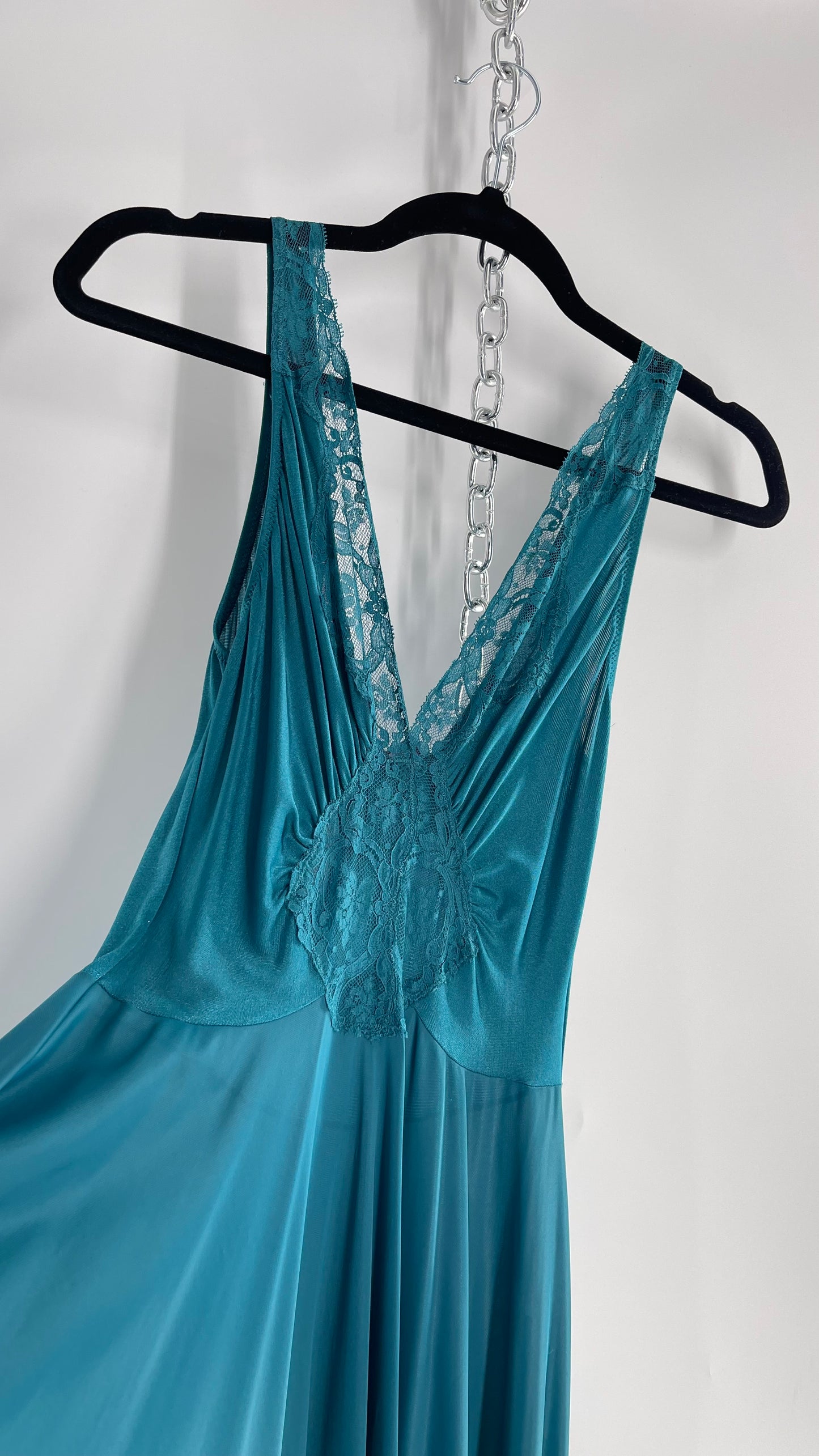 Vintage Olga Intimates Floor Length Voluminous Blue Jewel Toned Maxi Dress/Night Gown with Lace Bust (Small)