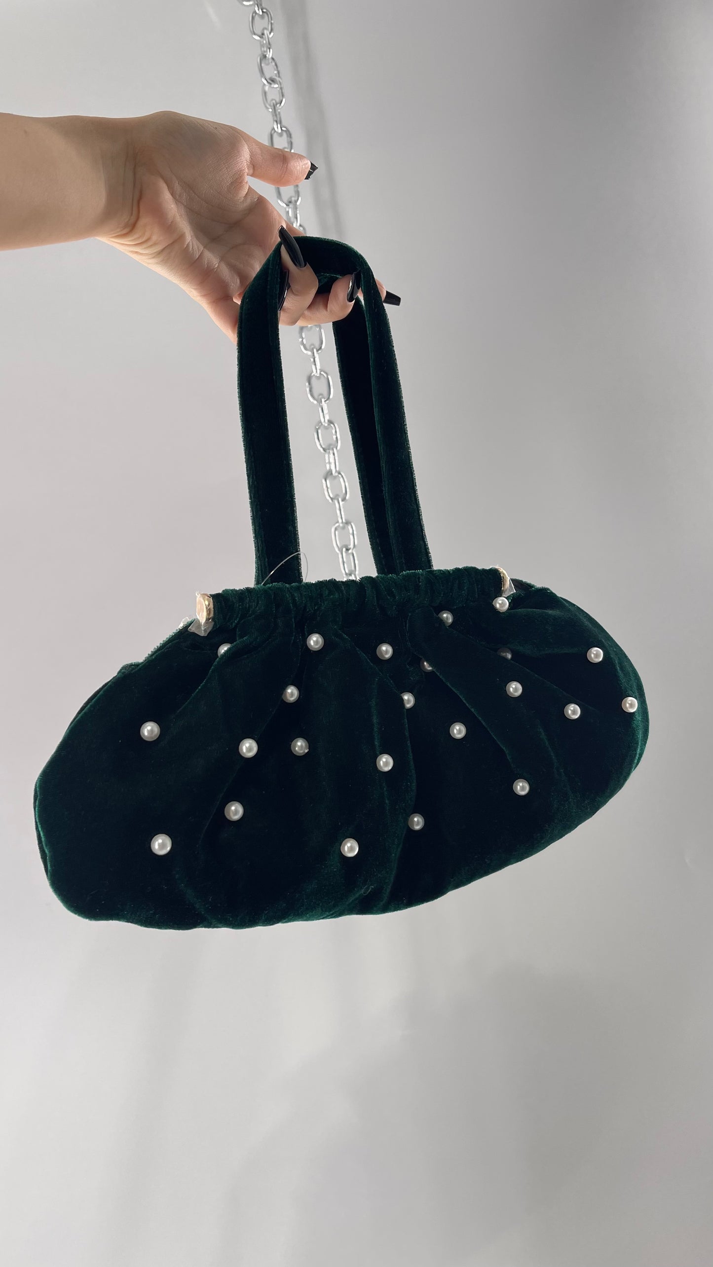 Vintage Deep Green Velvet Purse Covered in Pearls, and Featuring Gold Metal Closure Still Lined in Protective Plastic