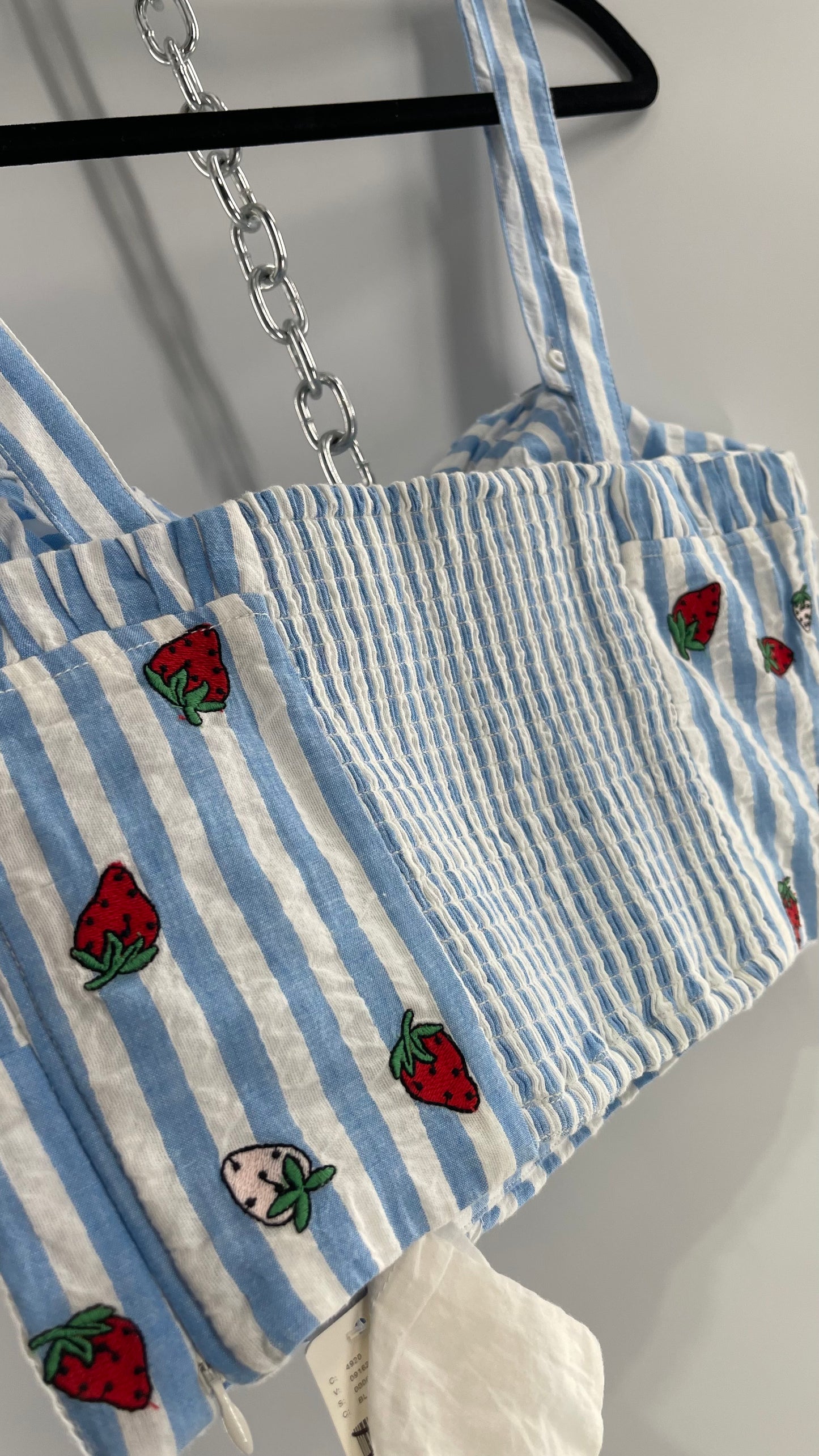 Maeve Anthropologie Baby Blue White Striped Corset Like Crop with Embroidered Strawberries (6)