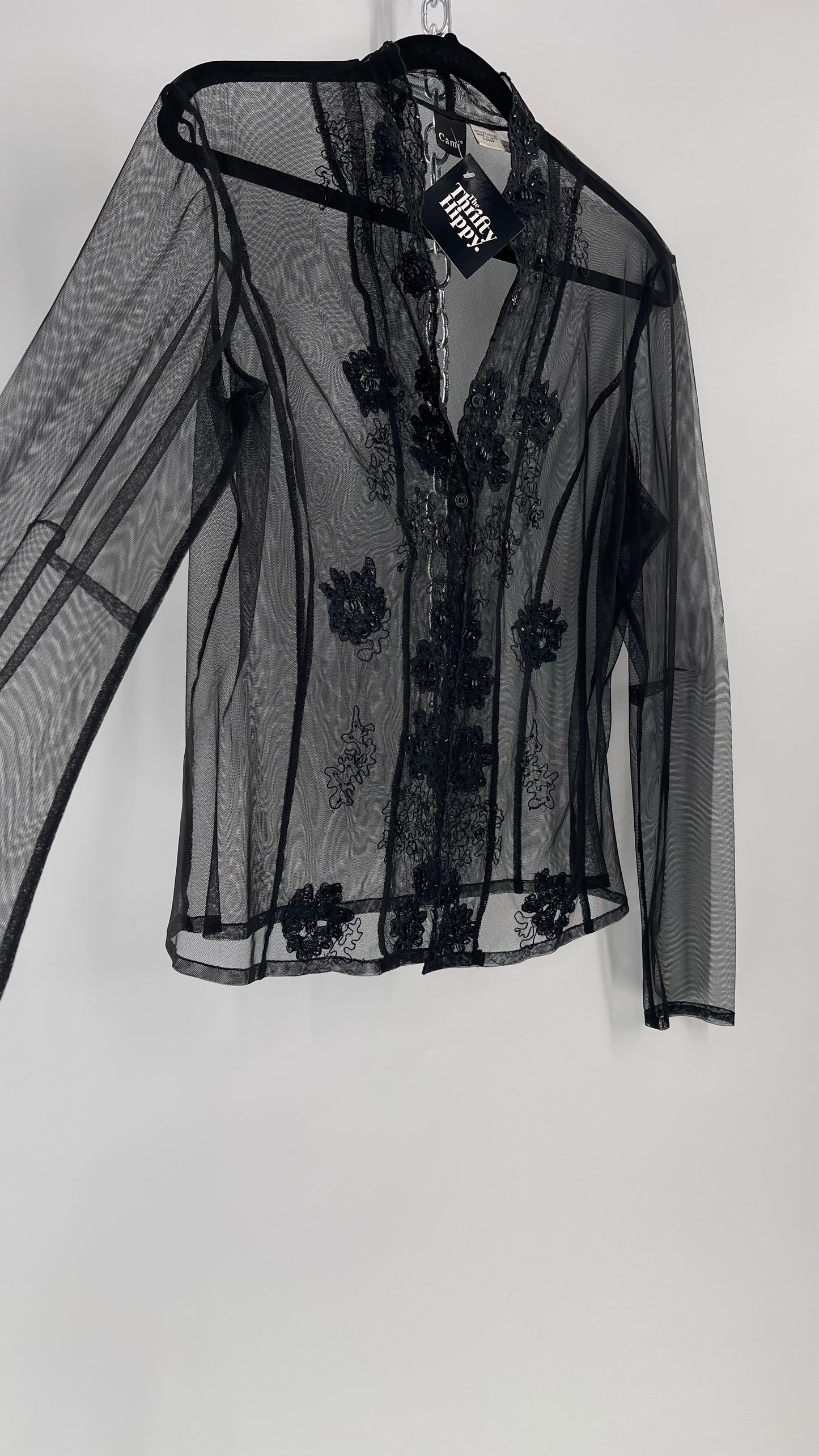 Vintage CAMI Black Mesh Long Sleeve with Embroidered and Beaded Neckline with Exaggerated Seams (Large)
