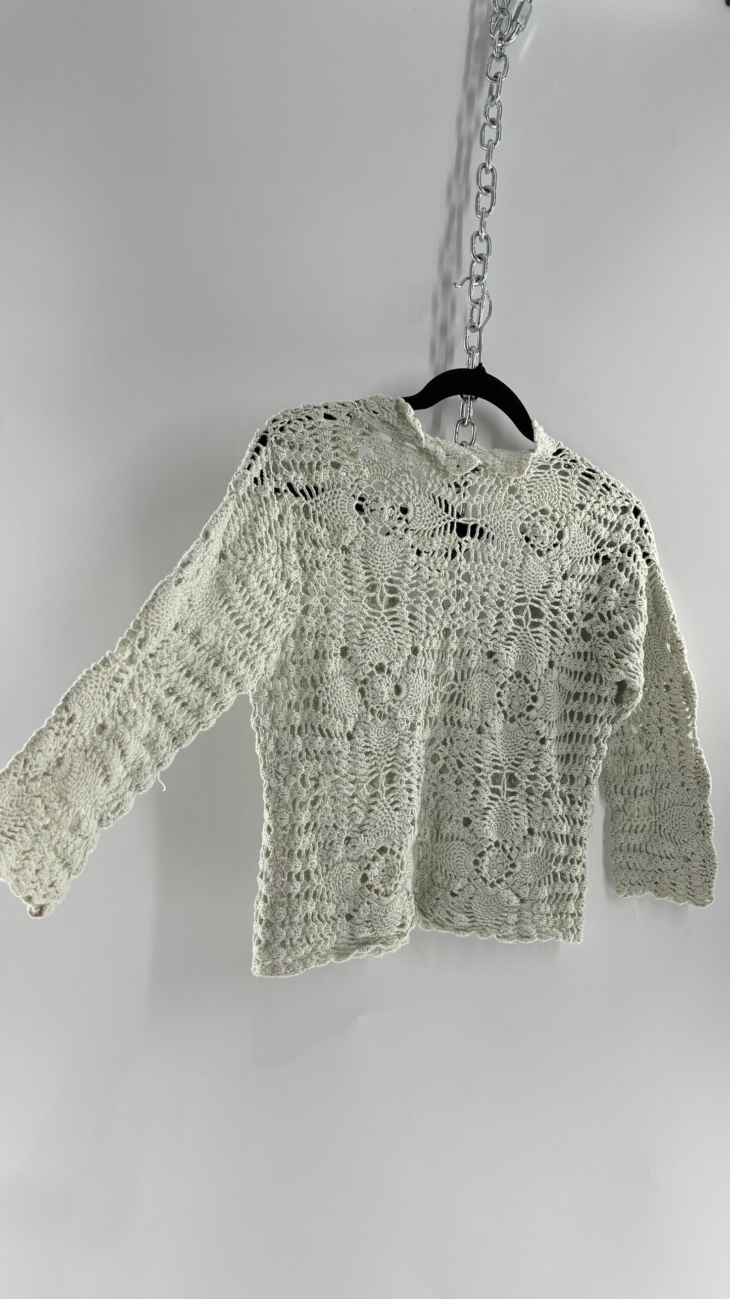 Vintage TAKEOUT Grey Crochet Knit Tie Bust Cardigan Top (Medium)