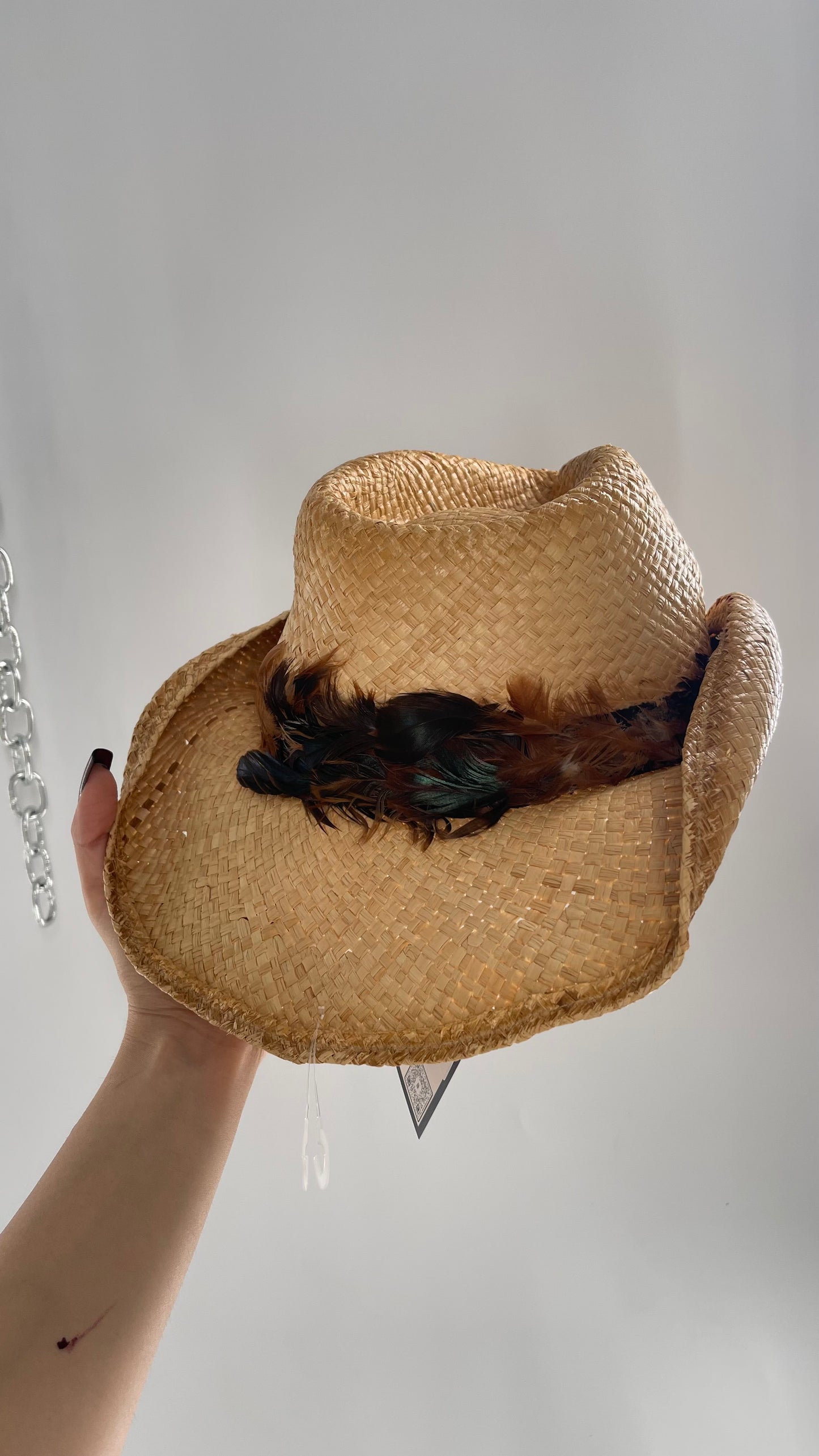 Vintage Straw Hat with Feather Band