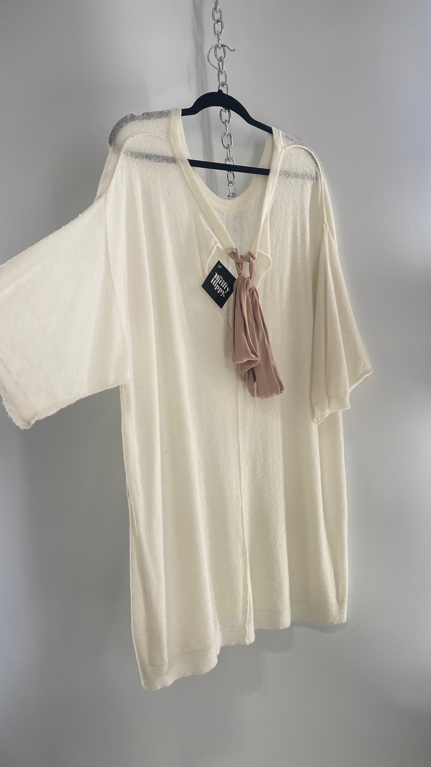 Free People Off White Thin Knit Cozy Sweater Dress with Open Back and Dusty Rose Ribbon (L)