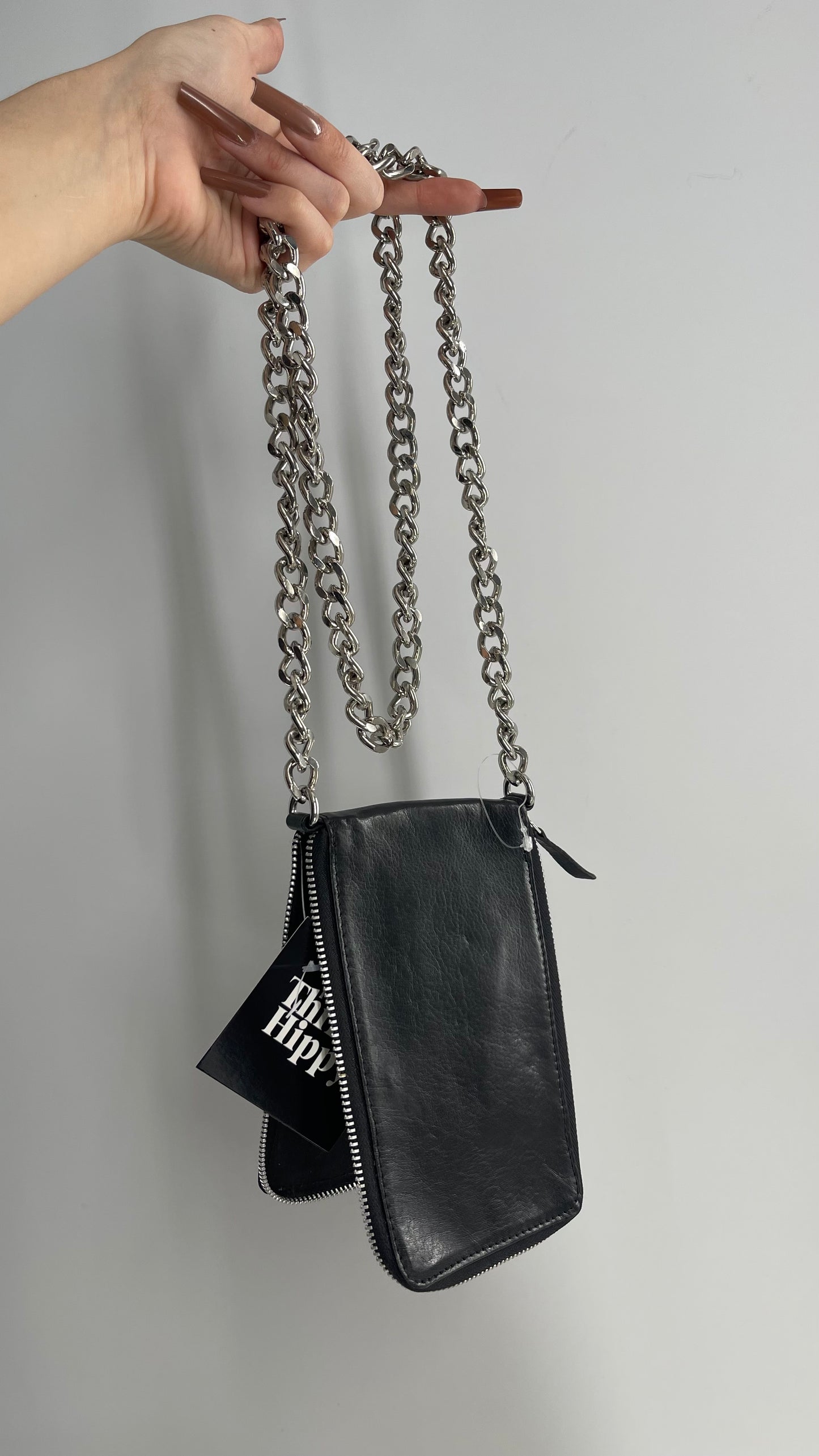 Free People Black Leather Phone Purse with Heavy Metal Chain Strap