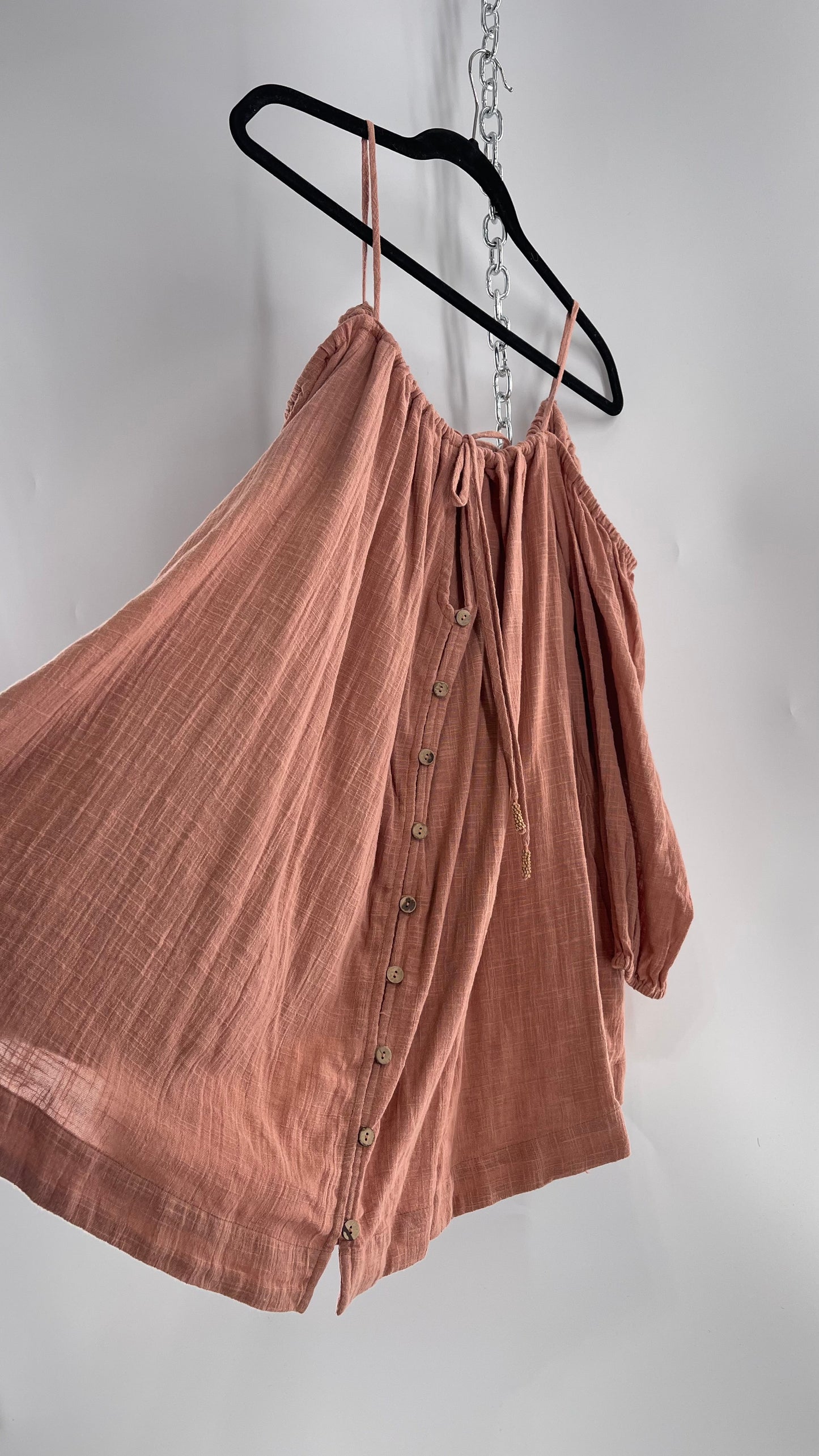Free People Peachy Pink Coral Off the Shoulder 100% Cotton Voluminous Button Front Blouse (Small)