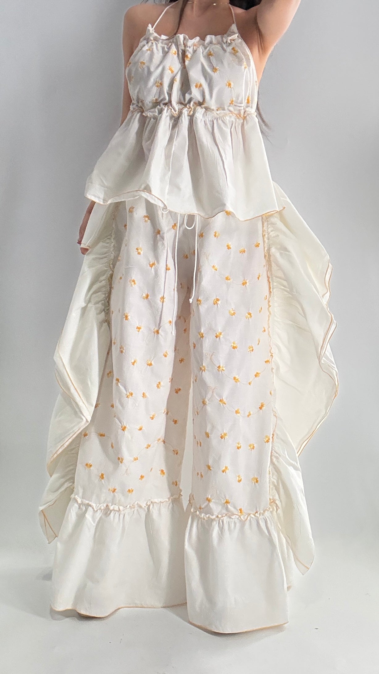 Vintage Handmade Angeline 2pc Set with Ruffled Pant, Embroidered Daisy Pattern, and Bustier Camisole with Adjustable Drawstring Bustline and Waistline (XS-L)
