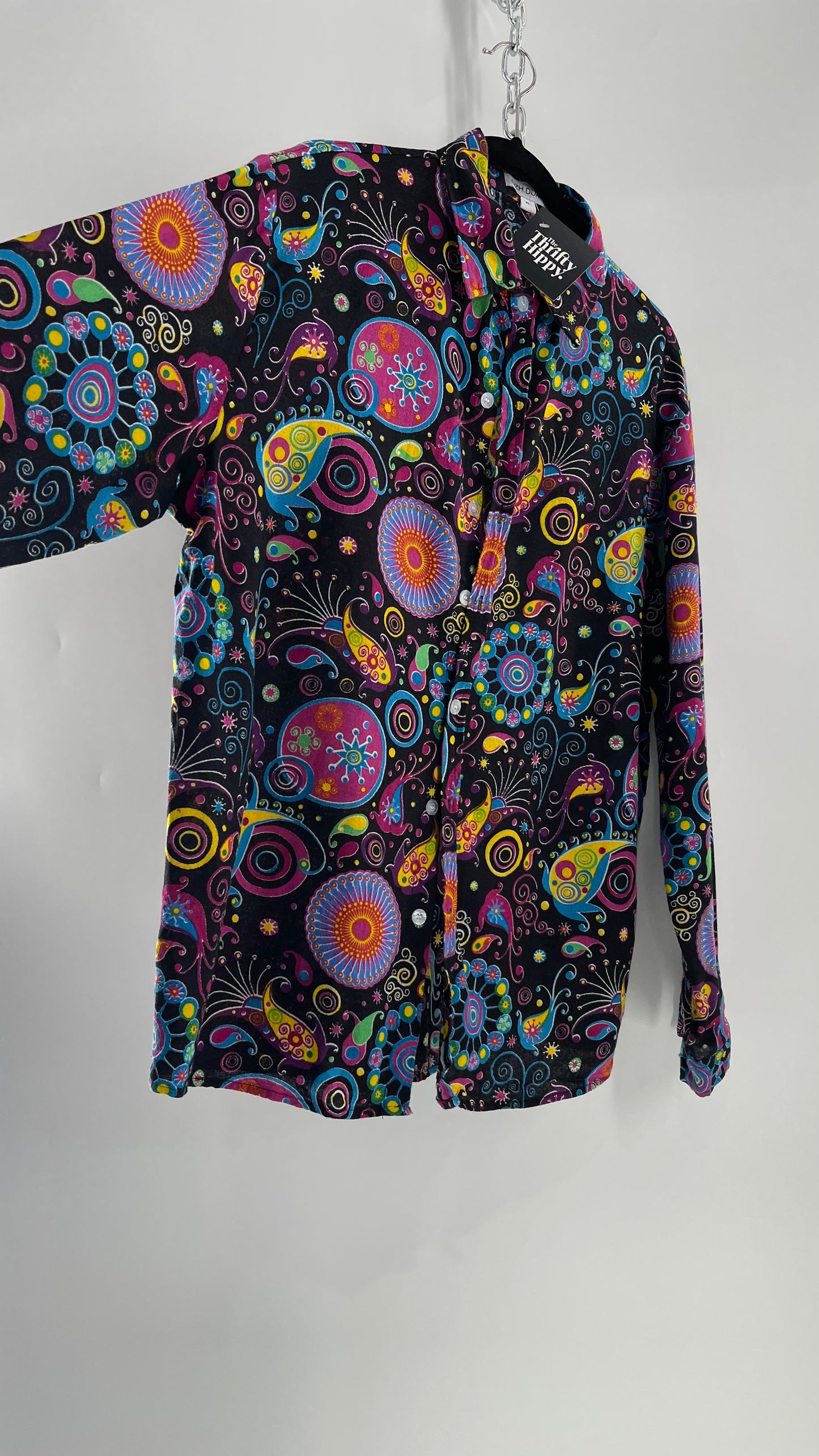 QZH.DUAO Black Cotton Gauze Retro Printed Long Sleeve (Medium)