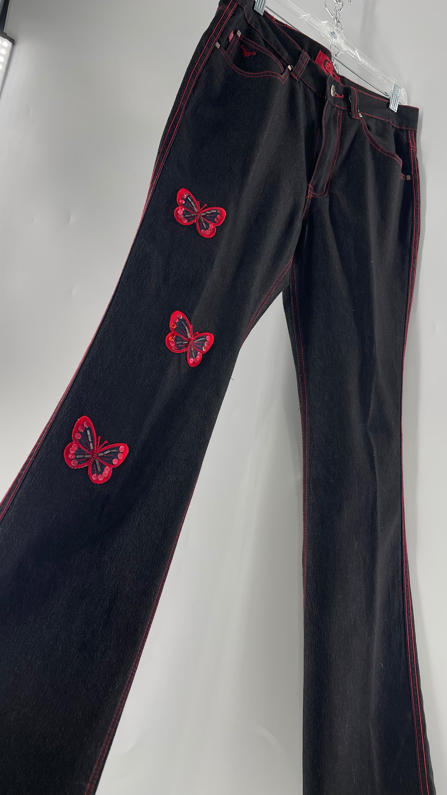 Rare Vintage Black Crest Jeans with Red Contrast Stitching and Butterfly Embroidery on Thigh and Back Pockets (14)