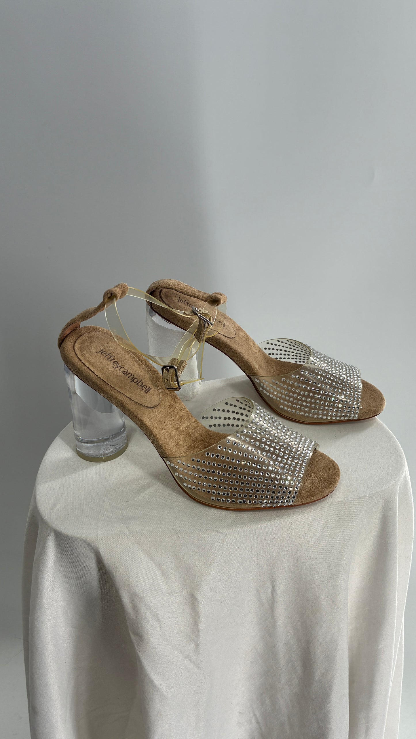 JEFFREY CAMPBELL Lucite Heel Suede Sole, Clear Strap Rhinestone Heel (8)