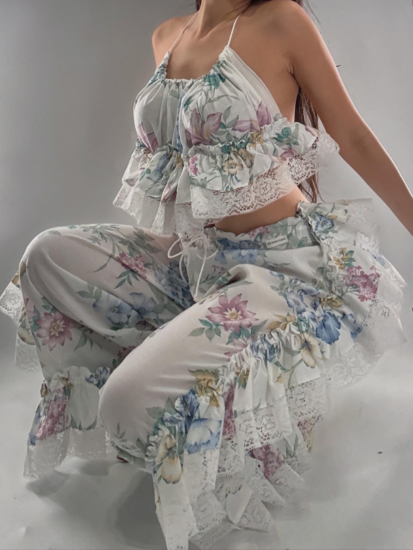 Handmade Vintage 2Piece Muted Pastels, Wispy Florals Ruffled Bum Set (XS-XL)