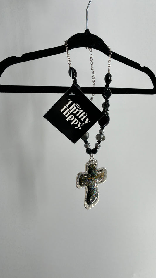 Vintage 1990s Beaded Black Necklace with Iridescent Glitter Cross