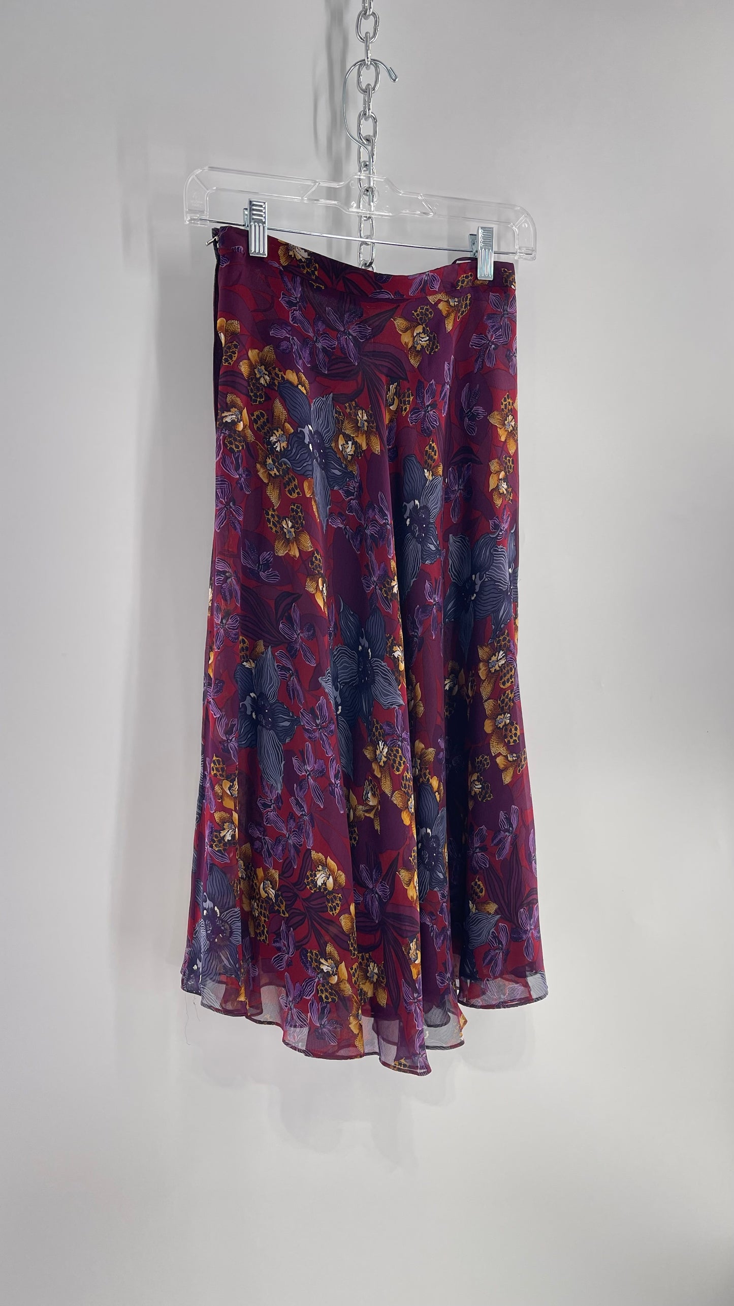 Vintage 100% Silk Burgundy Tropical Skirt with Leopard Florals (4)