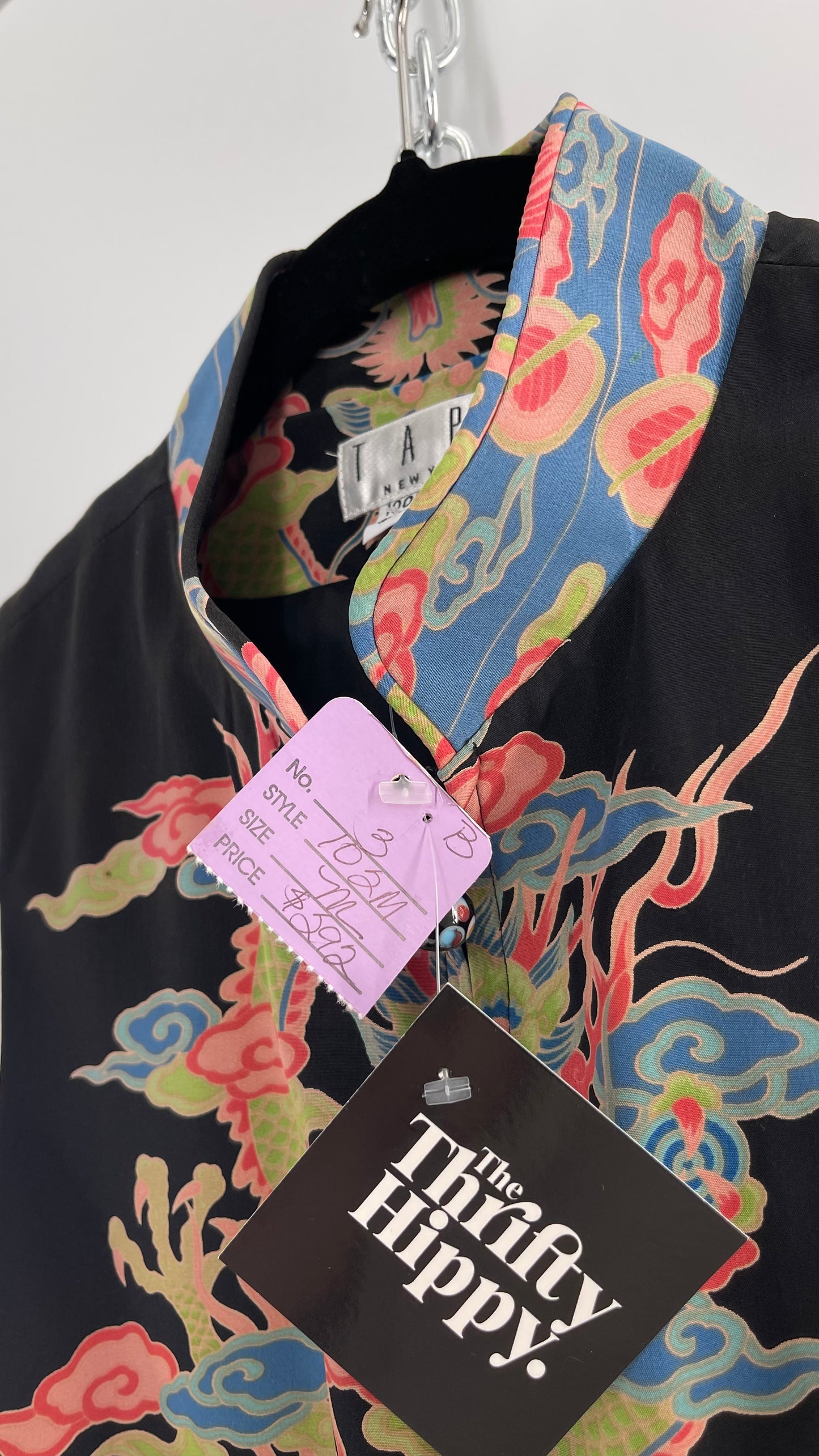 Vintage 1990s TAPP NEW YORK 100% Dragon Graphic Zip Front Crop Sleeveless Vest Top Silk (Medium)