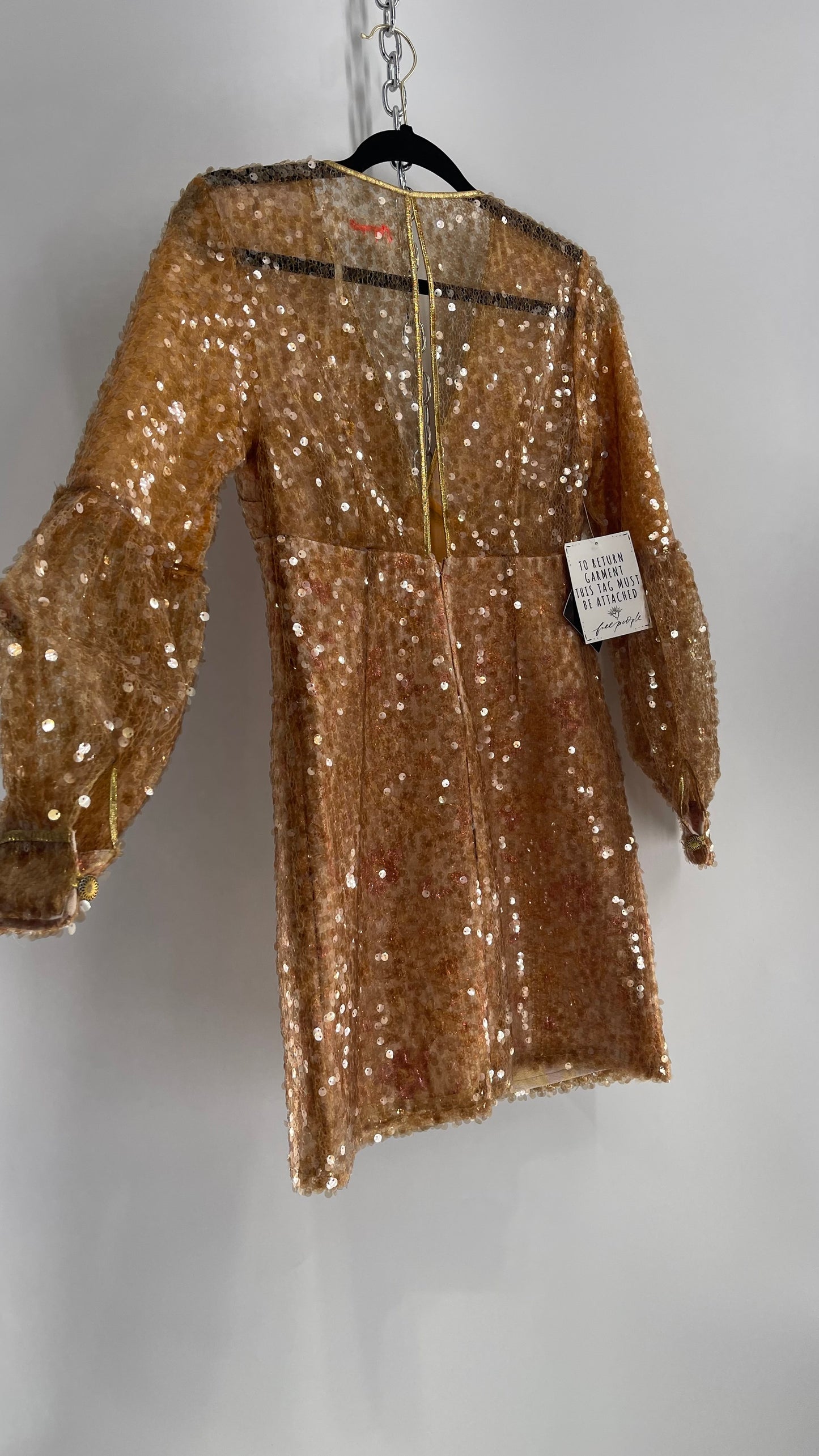 Free People Tapestry Underlay and Gold Sequin Overlay A-Line Mini Dress with Bubble Sleeves
(2)