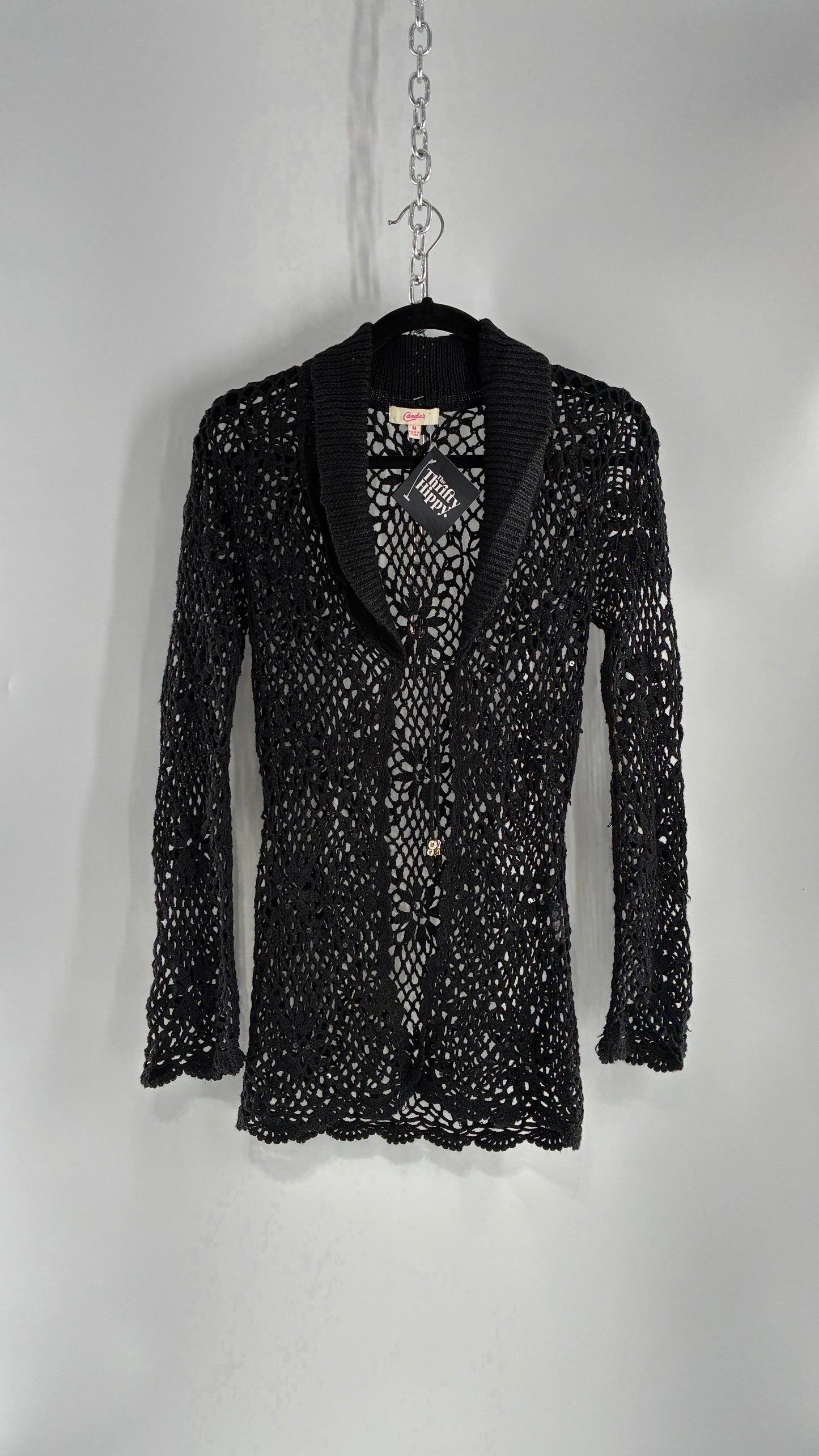 Vintage CANDIES Black Crochet Knit Cardigan with Bust Tie (Medium)