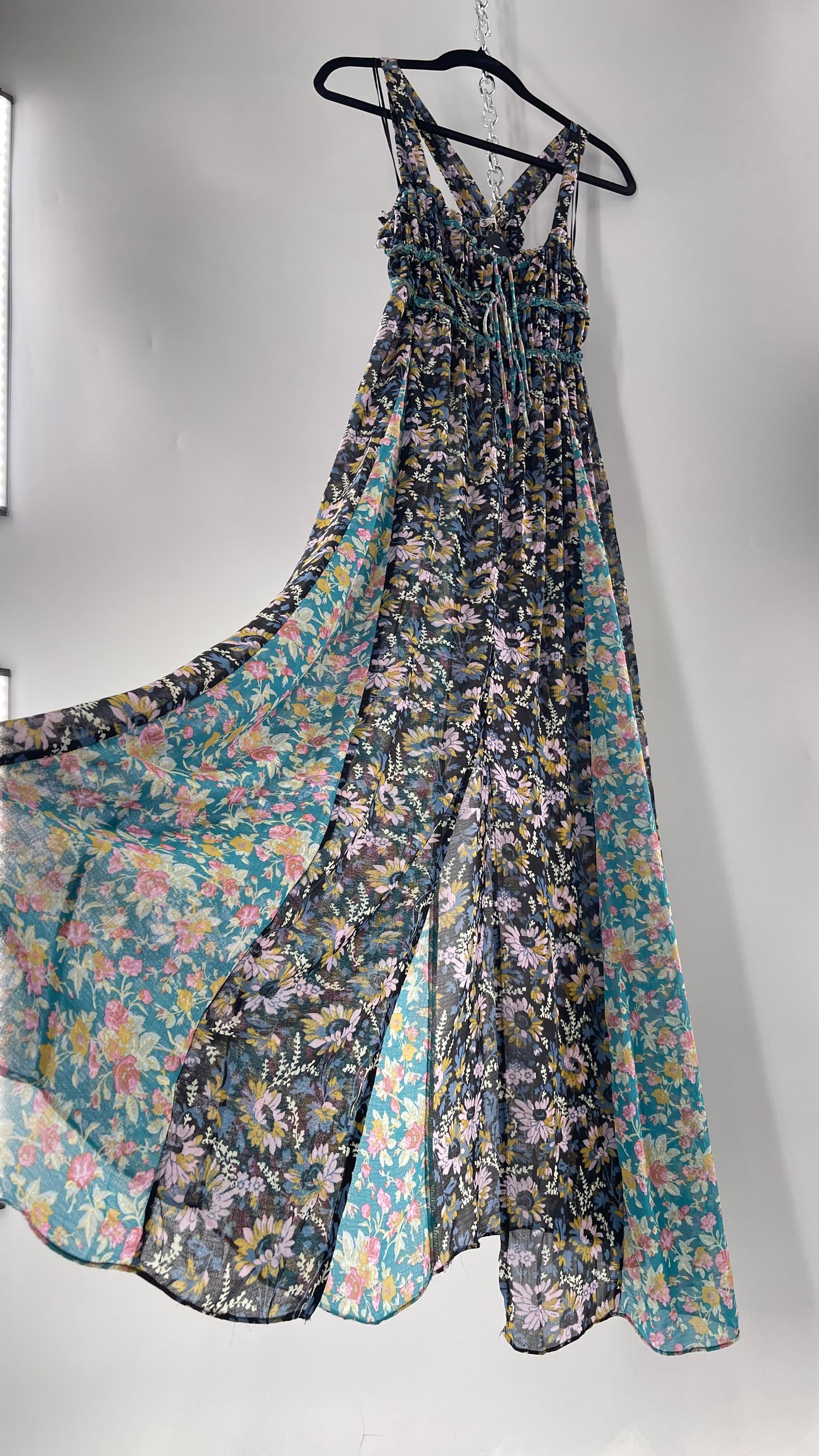 Intimately Free People Black and Teal Mixed Pattern Floral Maxi Dress with Tags Attached (XS)