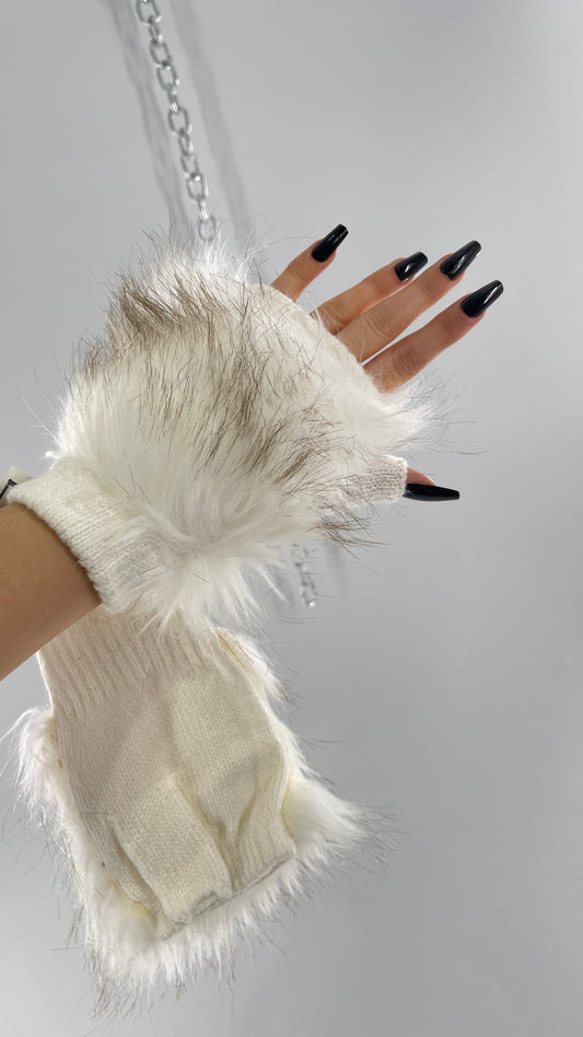Anthropologie White Faux Fur Fingerless Gloves