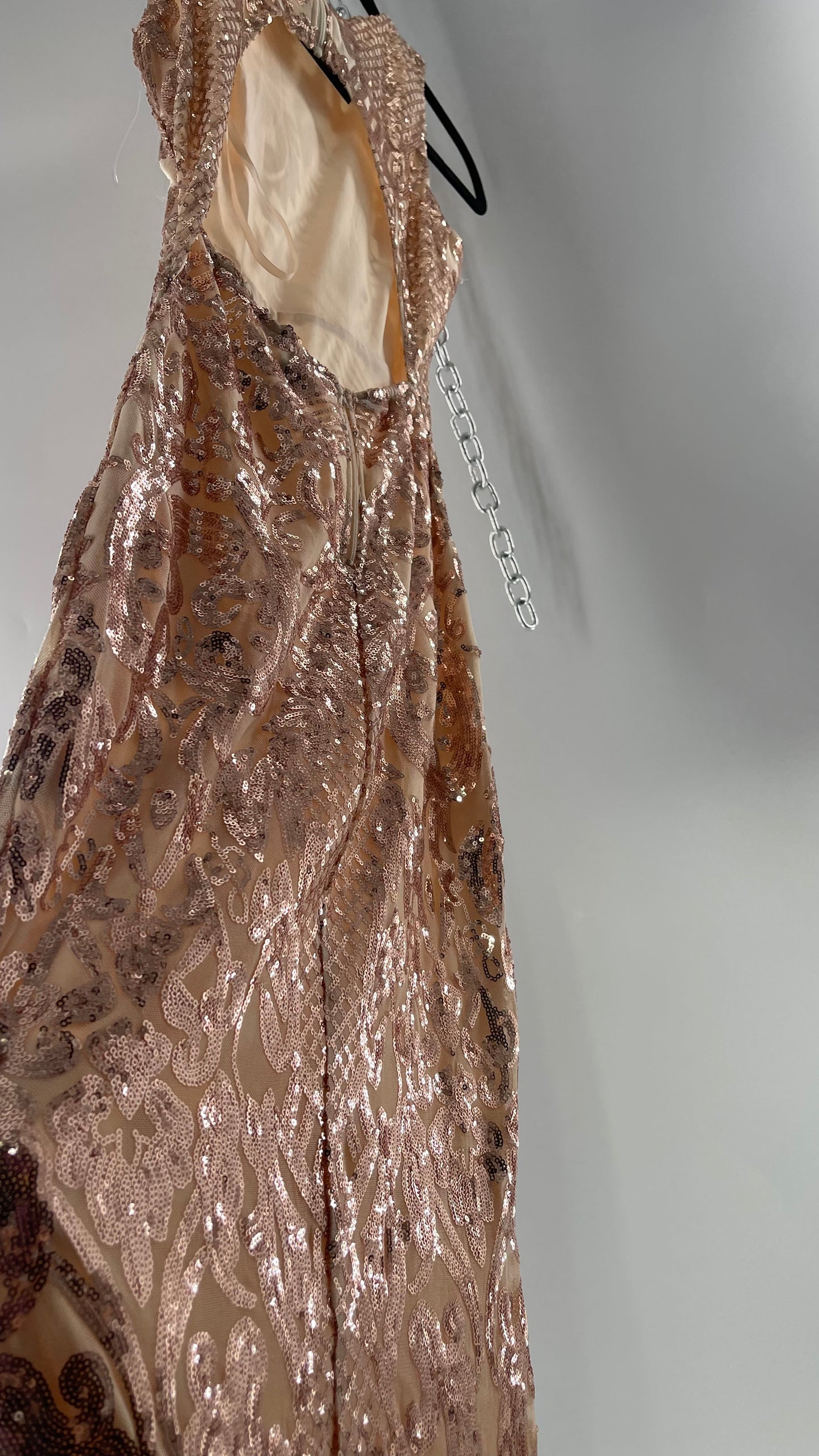Windsor Rose Gold Sequin Maxi Dress with Side Slit Detail and Open Back (Small)