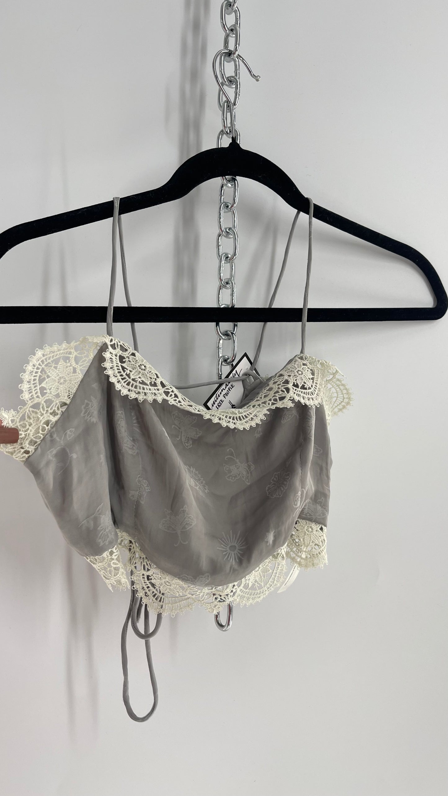 Intimately Free People Grey Silky Bustier with Tattoo Pattern and White Lace Trim (XS)