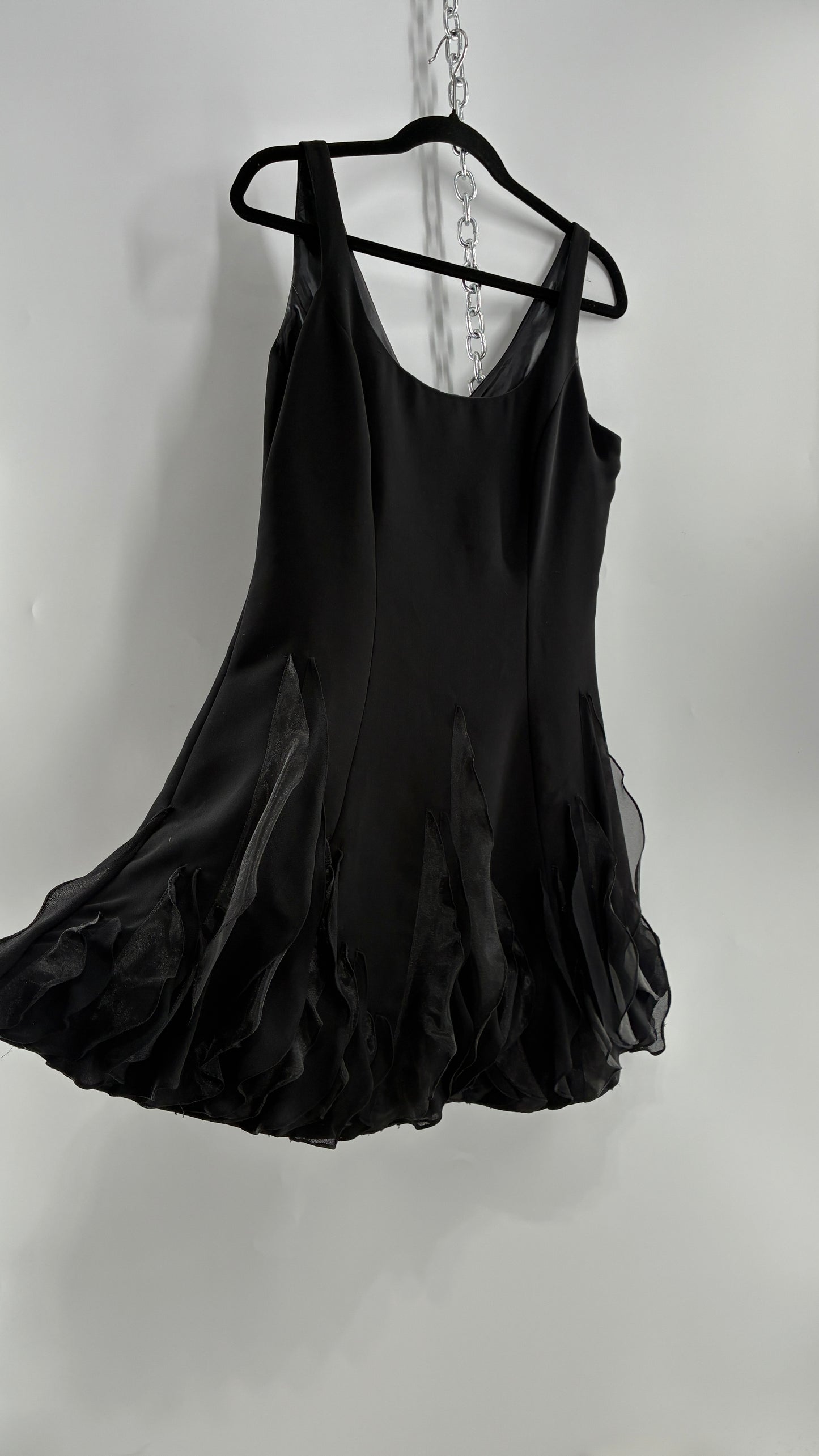 Vintage JS BOUTIQUE Black Structured Petite Mini Dress with Ruffled Hem (10P)