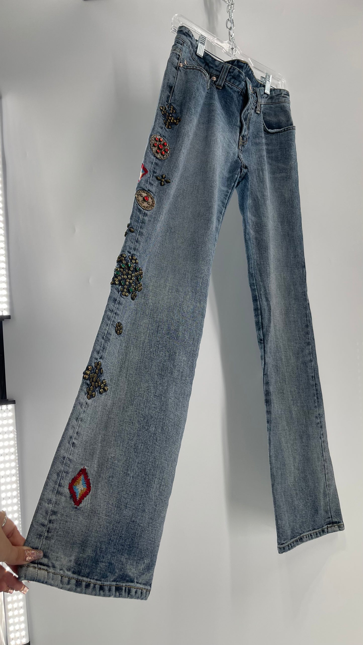 Western Denim Bank Light Wash Straight Legs with Gold/Bronze Metal Studs and Jewels (29)